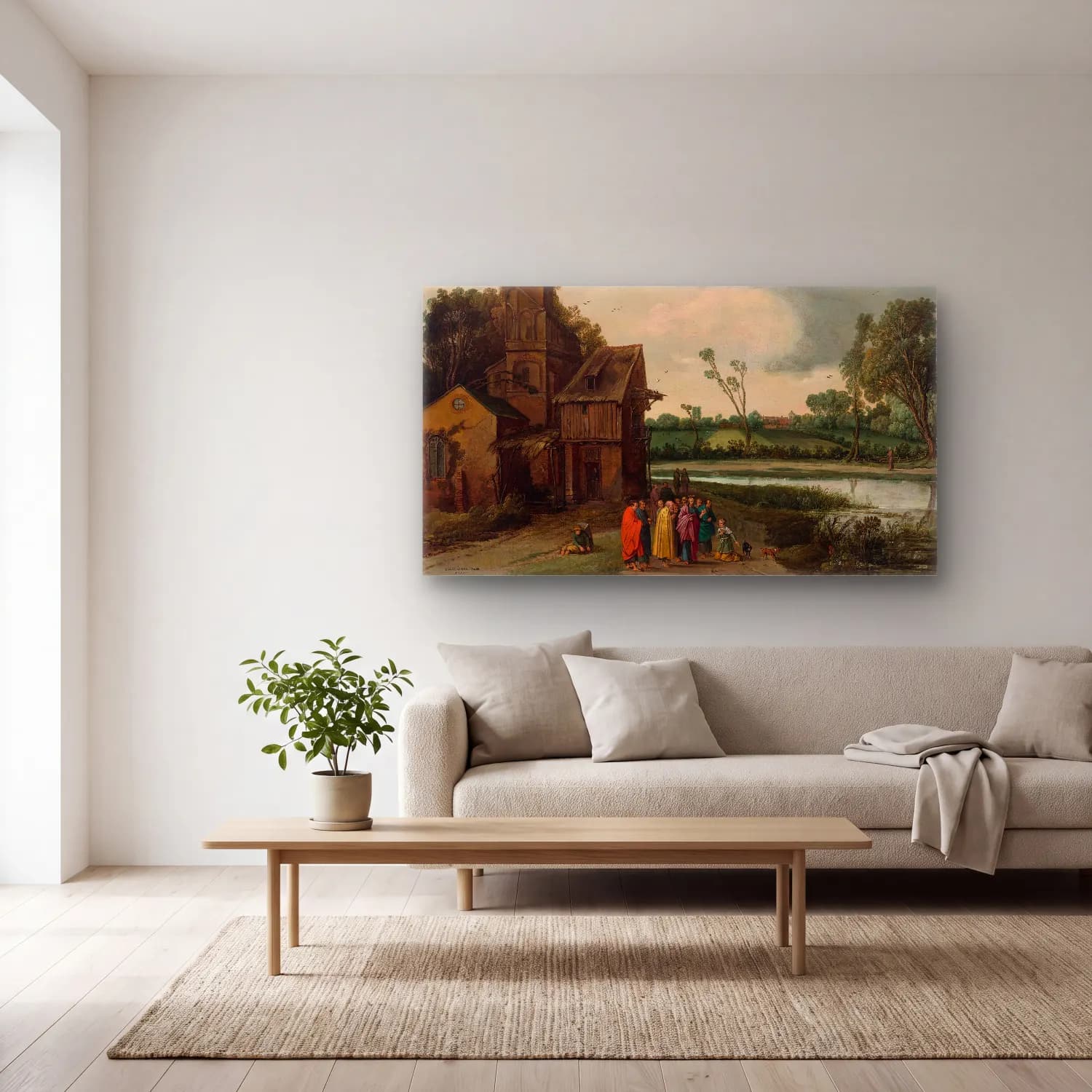 Esaias van de Velde – A landscape with Christ and the Canaanite Woman cam tablo — açık renk salonda