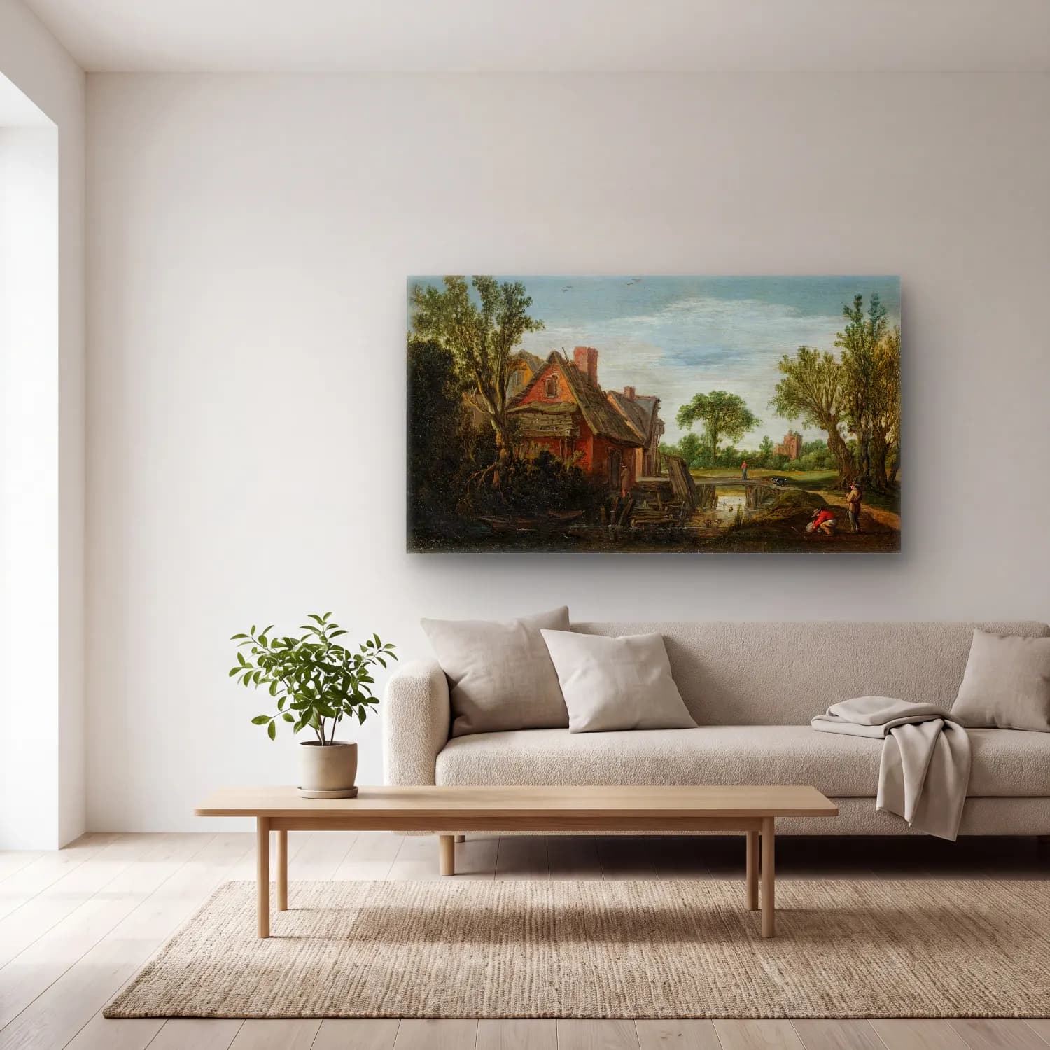 Esaias van de Velde – A landscape with travellers crossing a bridge before a… cam tablo — açık renk salonda