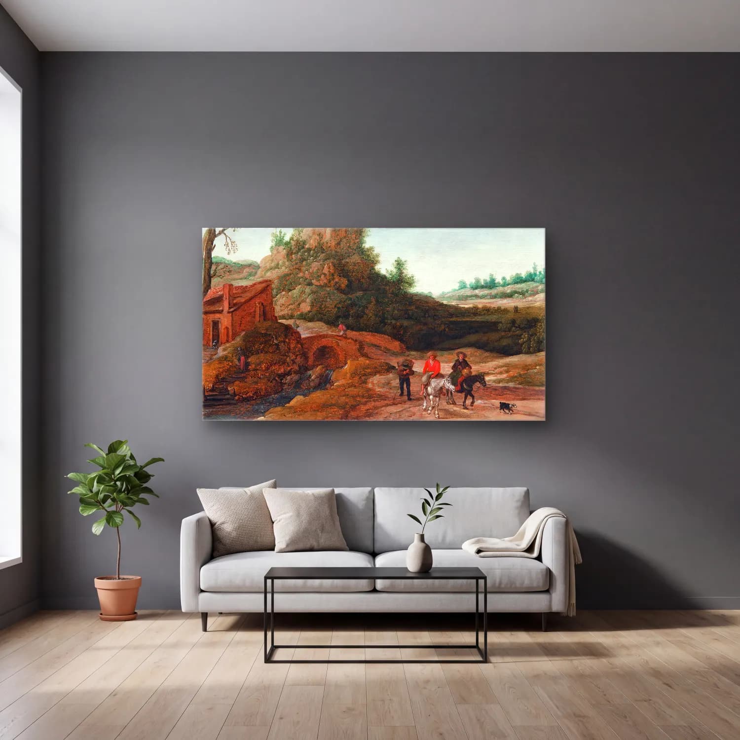 Esaias van de Velde – A rocky landscape with a waterfall and Ruth and Boaz cam tablo — gri duvarlı salonda