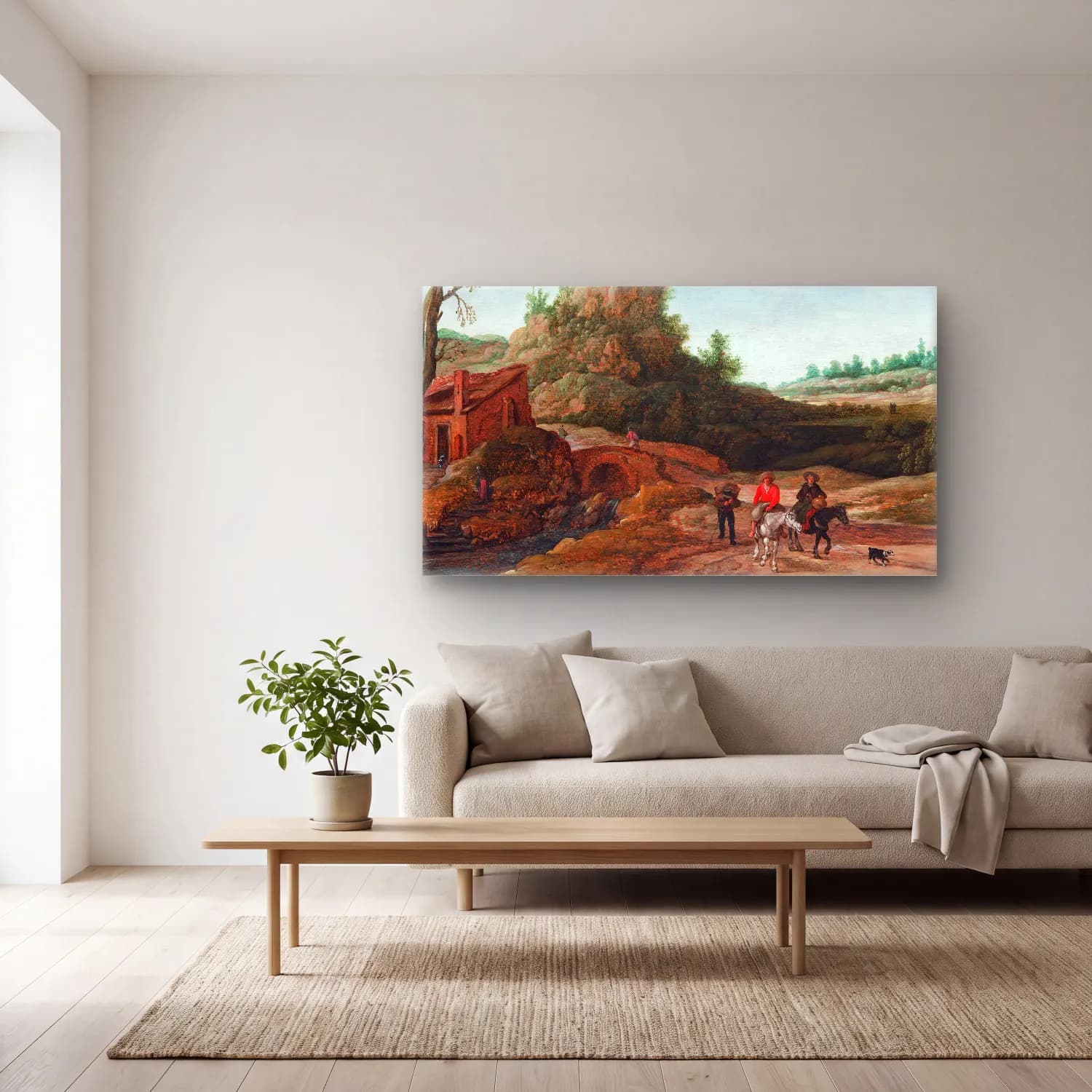 Esaias van de Velde – A rocky landscape with a waterfall and Ruth and Boaz cam tablo — açık renk salonda