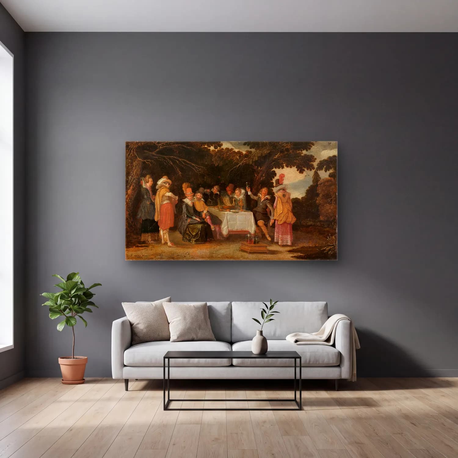Esaias van de Velde – An open-air Party cam tablo — gri duvarlı salonda