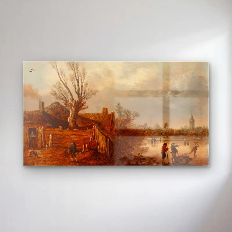 Esaias van de Velde – Cottages and Frozen River cam tablo — Esaias van de Velde – Cottages and Frozen River — yağlı boya karlı kış manzarası