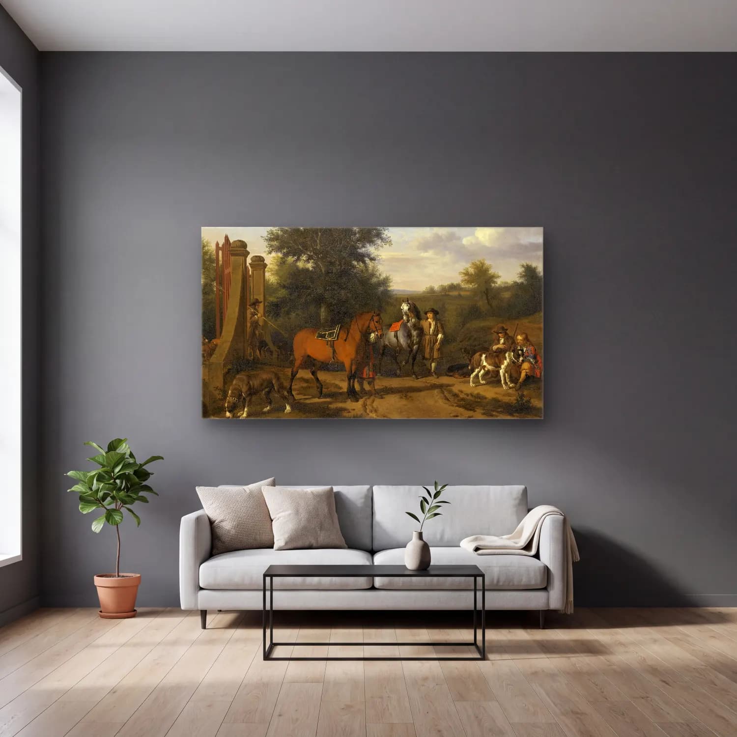 Esaias van de Velde – The Hunting Party cam tablo — gri duvarlı salonda