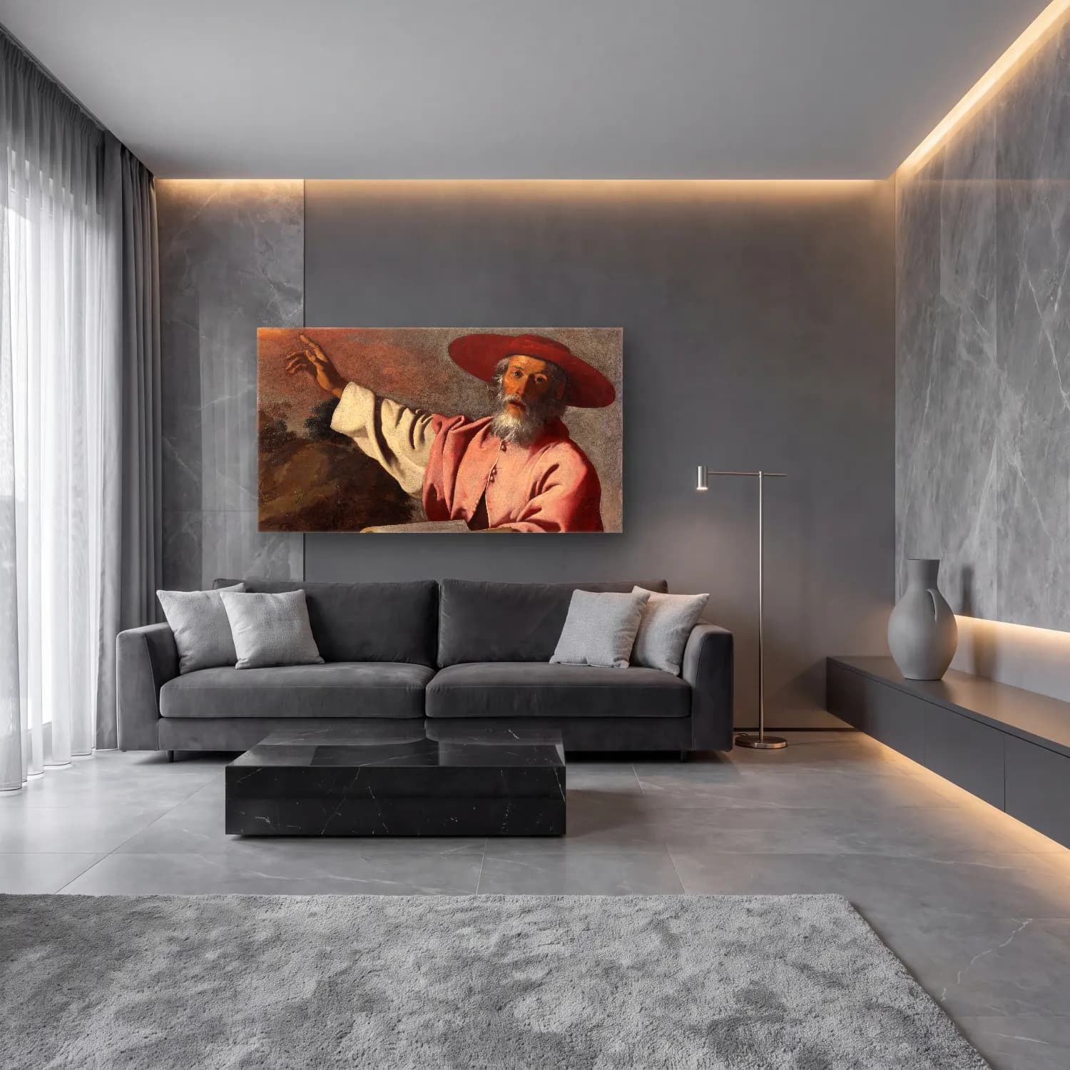 Yağlı Boya Erkek Portresi – Pembe Tonlar cam tablo — lüks salon duvarında