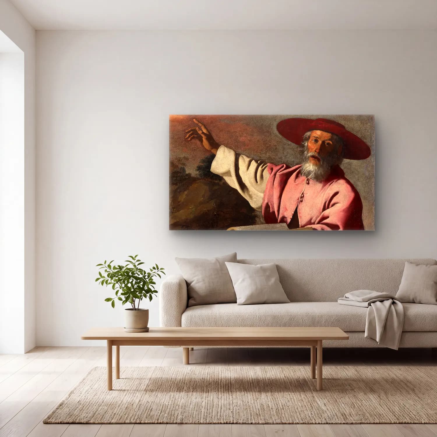 Yağlı Boya Erkek Portresi – Pembe Tonlar cam tablo — açık renk salonda