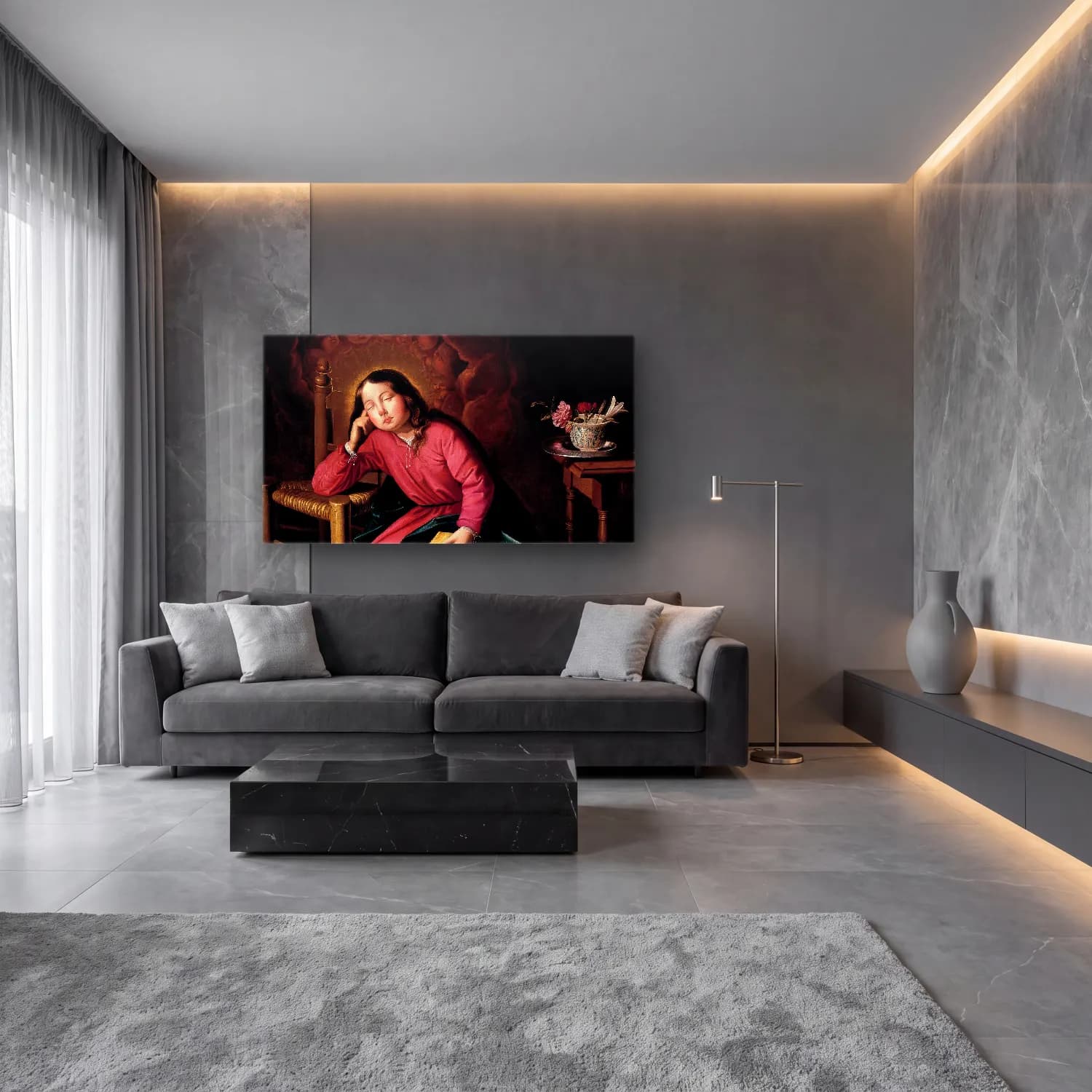 Yağlı Boya Melek – Pembe Tonlar cam tablo — lüks salon duvarında