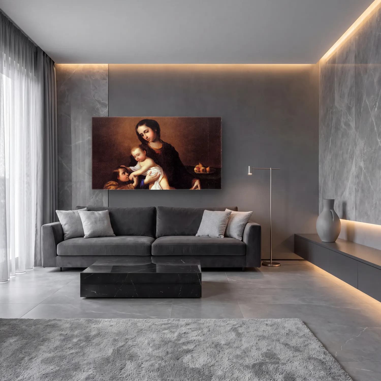 Yağlı Boya Anne ve Çocuk – Bej Tonlar cam tablo — lüks salon duvarında