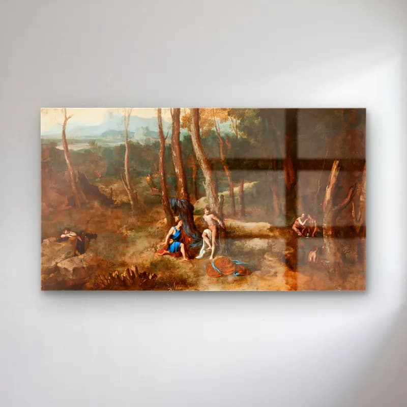 Gaspard Dughet – Aminta about to rescue Silvia (circa 1633) cam tablo — Gaspard Dughet – Aminta about to rescue Silvia (circa 1633) — yağlı boya mitolojik sahne