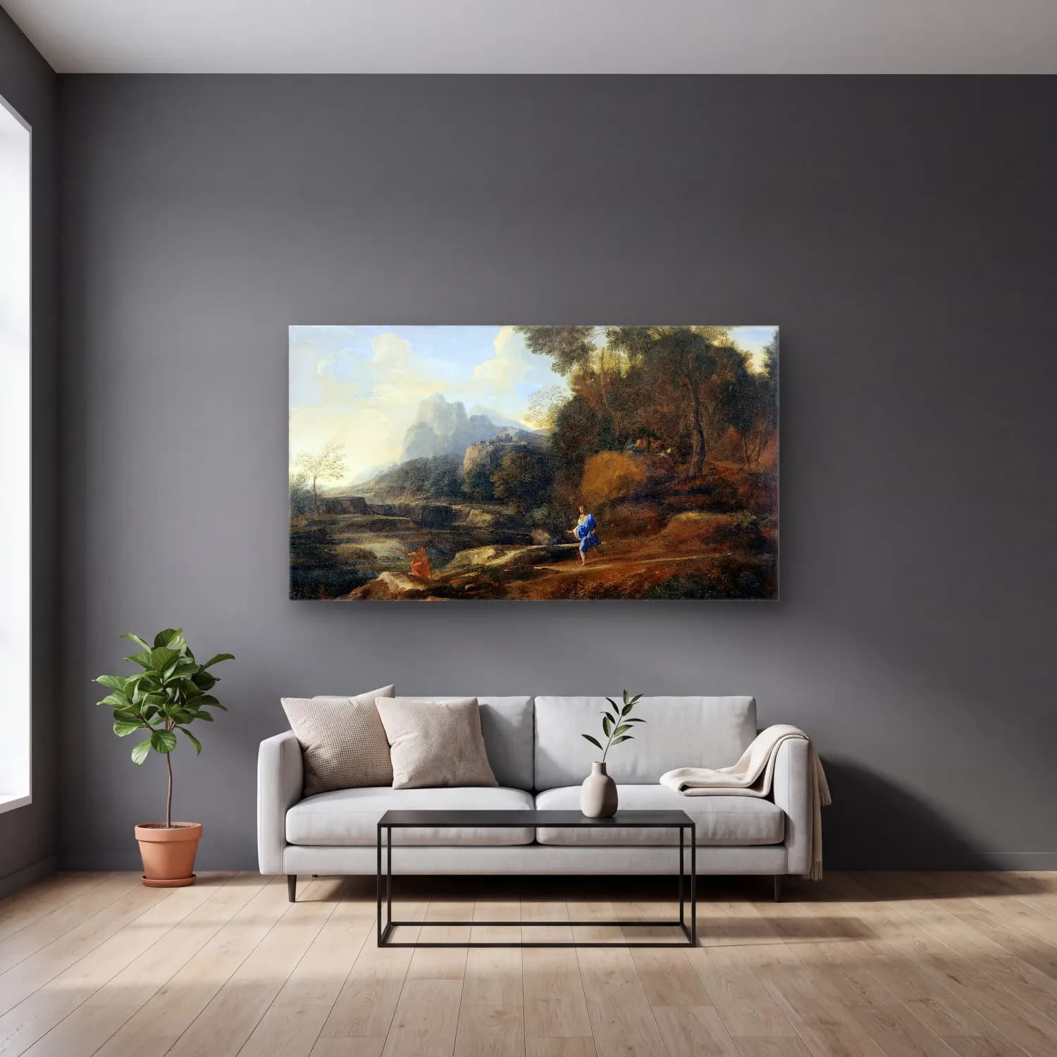 Gaspard Dughet – Italian Landscape cam tablo — gri duvarlı salonda