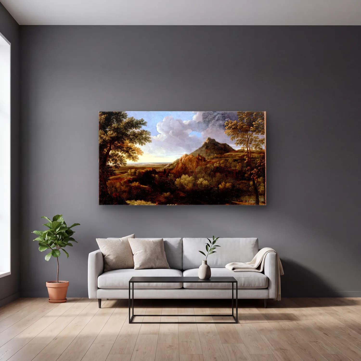 Gaspard Dughet – Landscape in the Roman Campagna cam tablo — gri duvarlı salonda