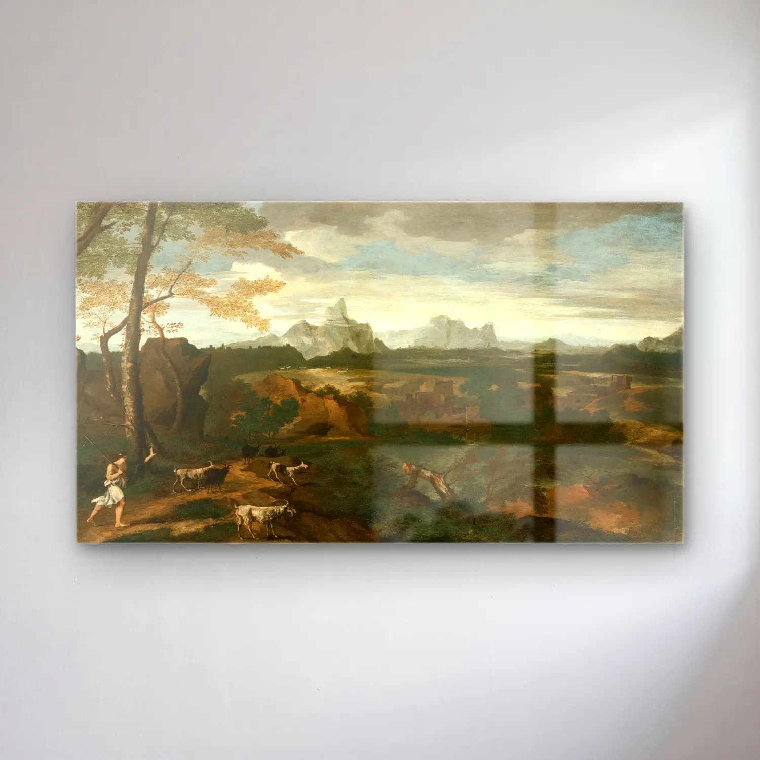 Gaspard Dughet – Landscape with a Herdsman and Goats cam tablo — Gaspard Dughet – Landscape with a Herdsman and Goats — yağlı boya dağ manzarası