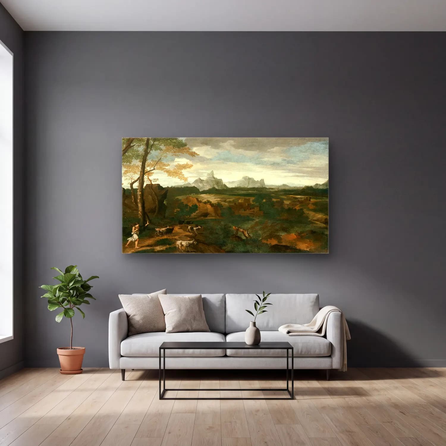 Gaspard Dughet – Landscape with a Herdsman and Goats cam tablo — gri duvarlı salonda
