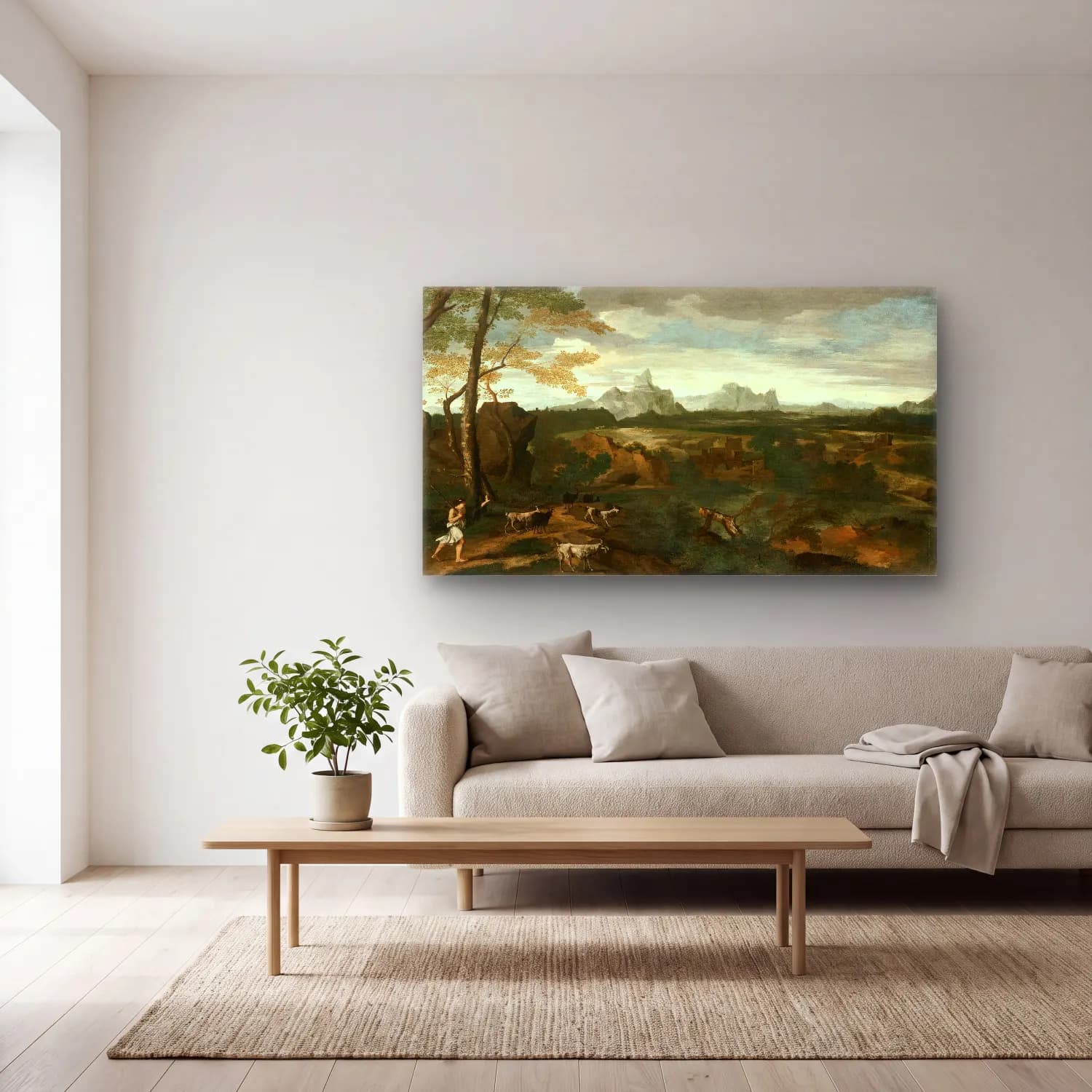 Gaspard Dughet – Landscape with a Herdsman and Goats cam tablo — açık renk salonda