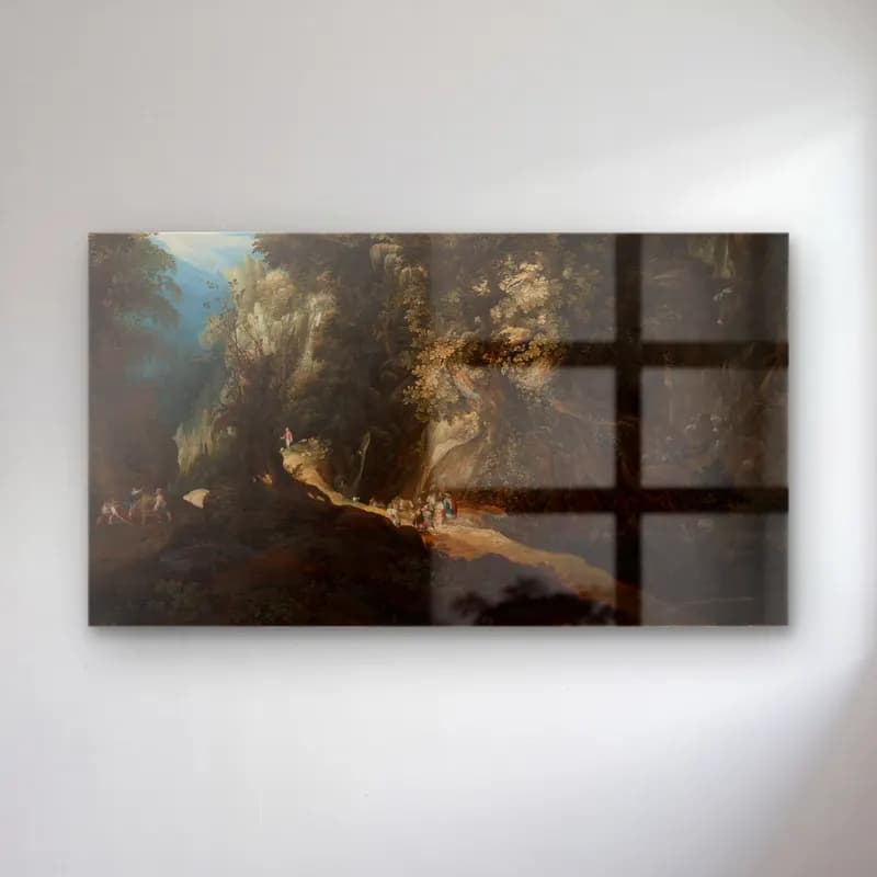 Gijsbrecht Leytens – Wooded Mountain Landscape with Waterfall and Travellers cam tablo — Gijsbrecht Leytens – Wooded Mountain Landscape with Waterfall and Travellers — yağlı boya dini sahne