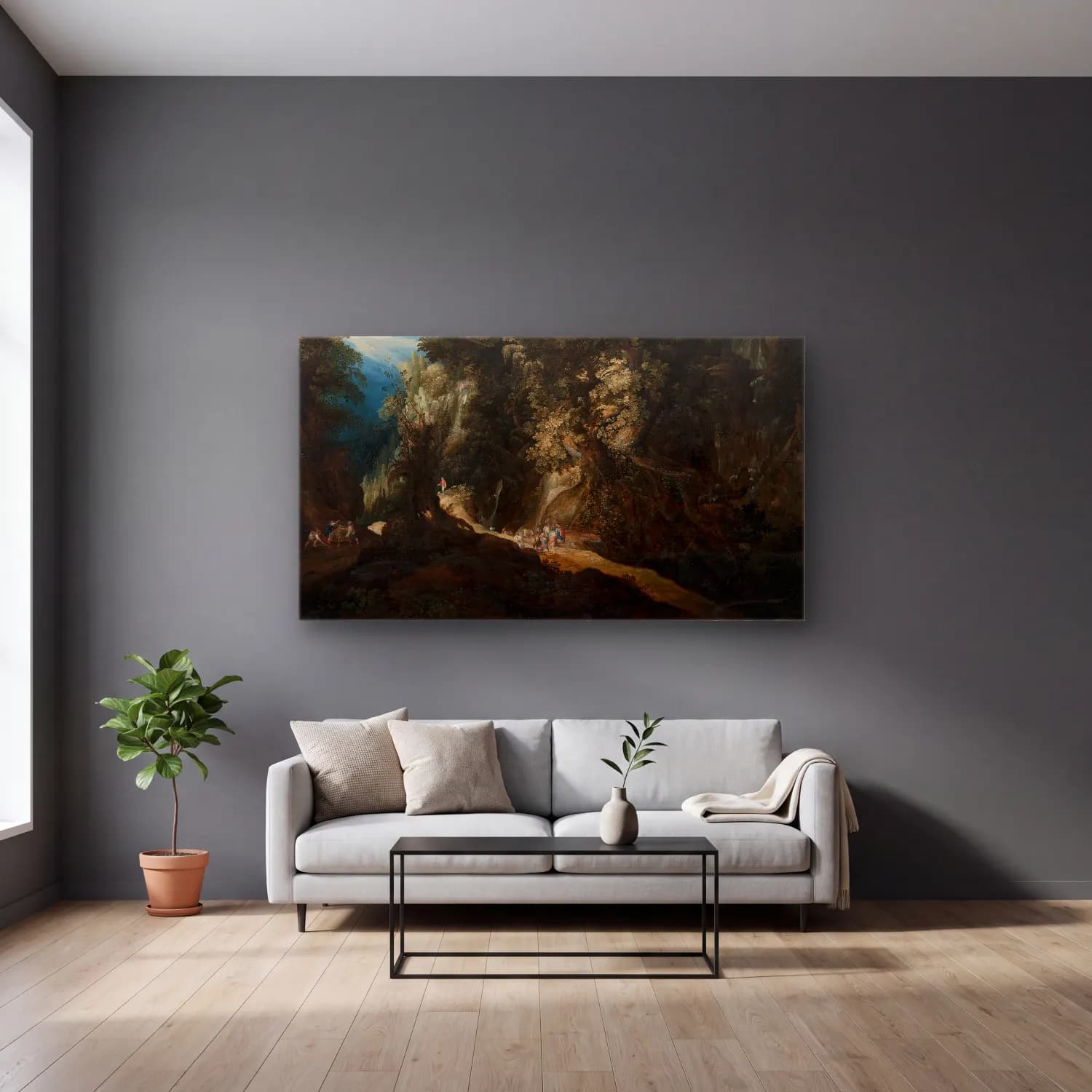Gijsbrecht Leytens – Wooded Mountain Landscape with Waterfall and Travellers cam tablo — gri duvarlı salonda