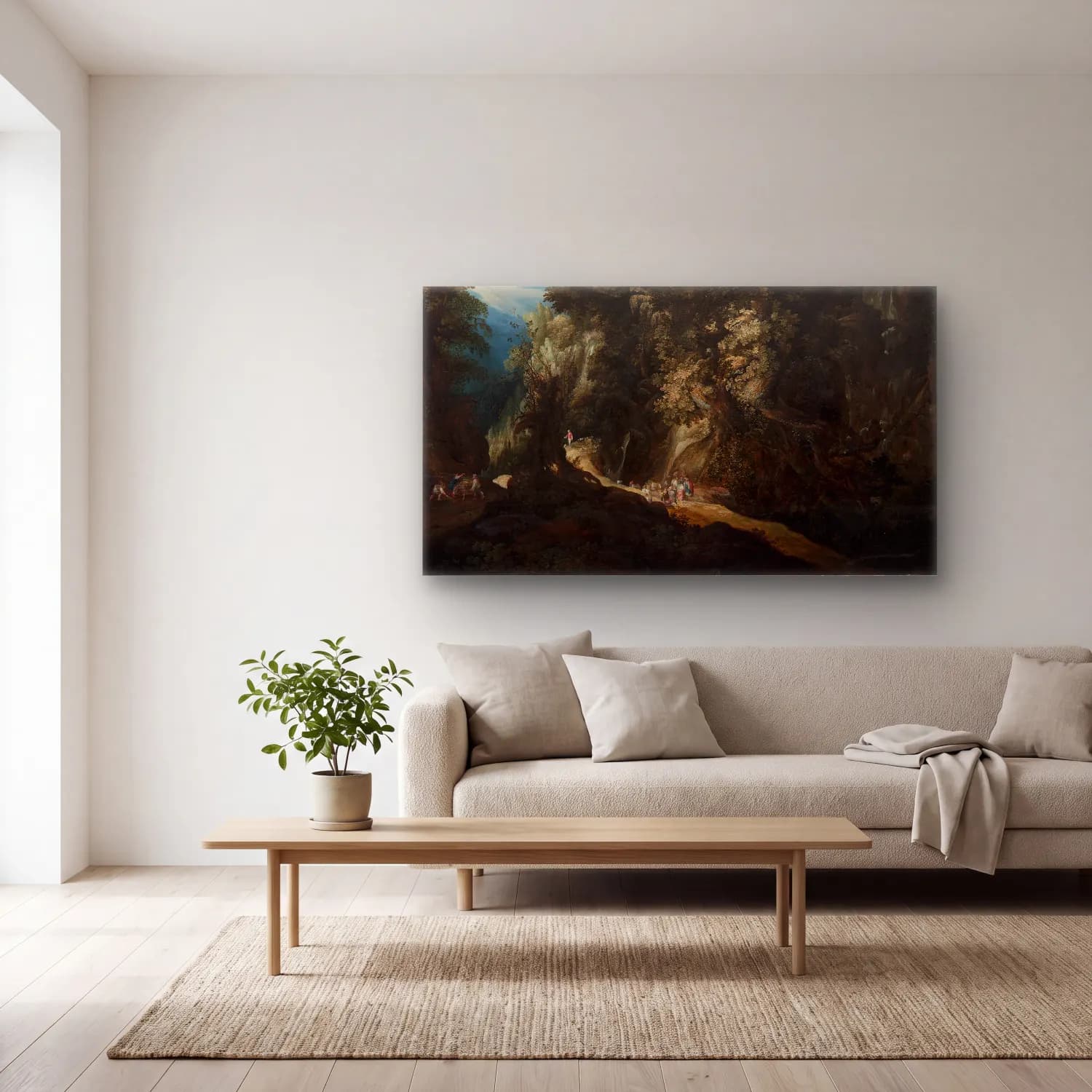 Gijsbrecht Leytens – Wooded Mountain Landscape with Waterfall and Travellers cam tablo — açık renk salonda