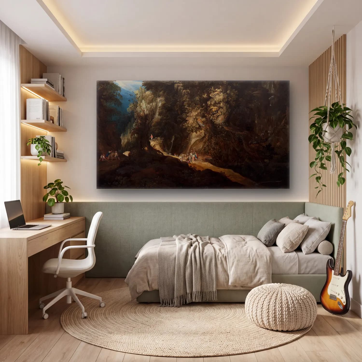 Gijsbrecht Leytens – Wooded Mountain Landscape with Waterfall and Travellers cam tablo — genç odasında