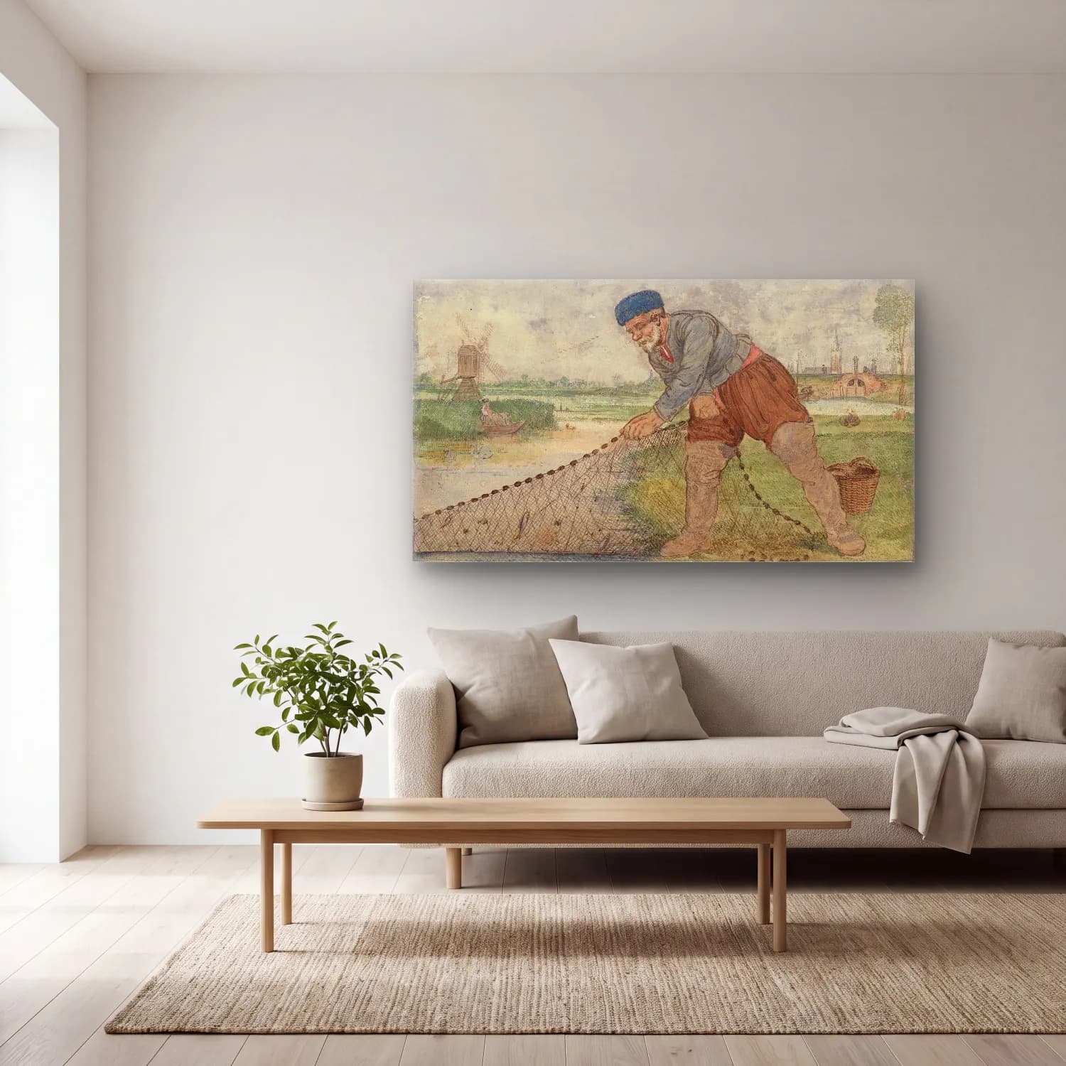 Hendrick Avercamp – A Fisherman Hauling in his Net cam tablo — açık renk salonda