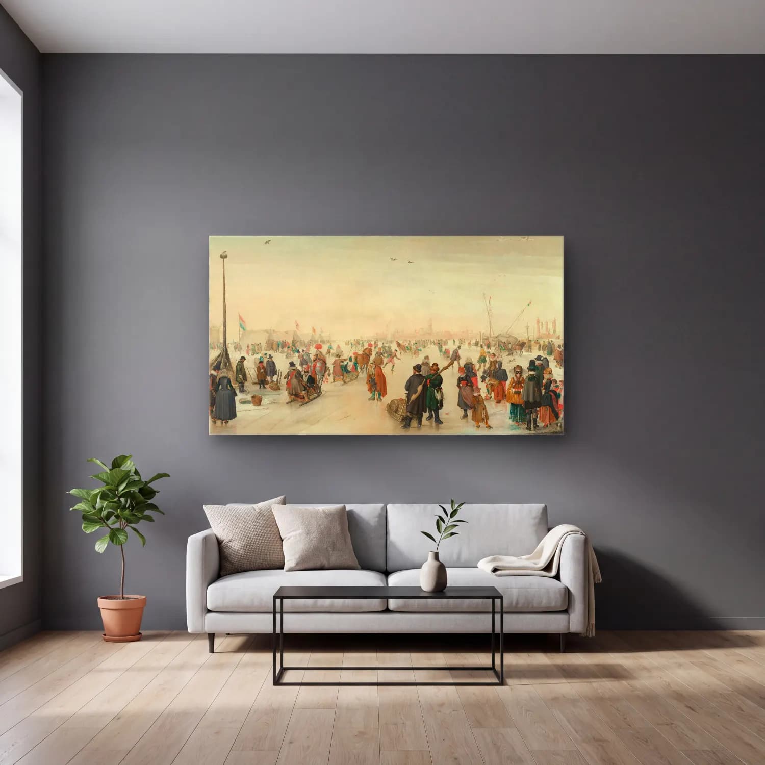 Hendrick Avercamp – Enjoying the Ice near a Town cam tablo — gri duvarlı salonda