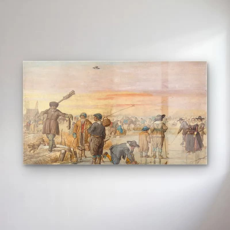 Hendrick Avercamp – Winter Scene on the Ice with a Hunter Showing an Otter cam tablo — Hendrick Avercamp – Winter Scene on the Ice with a Hunter Showing an Otter — vintage sahilde i̇nsanlar