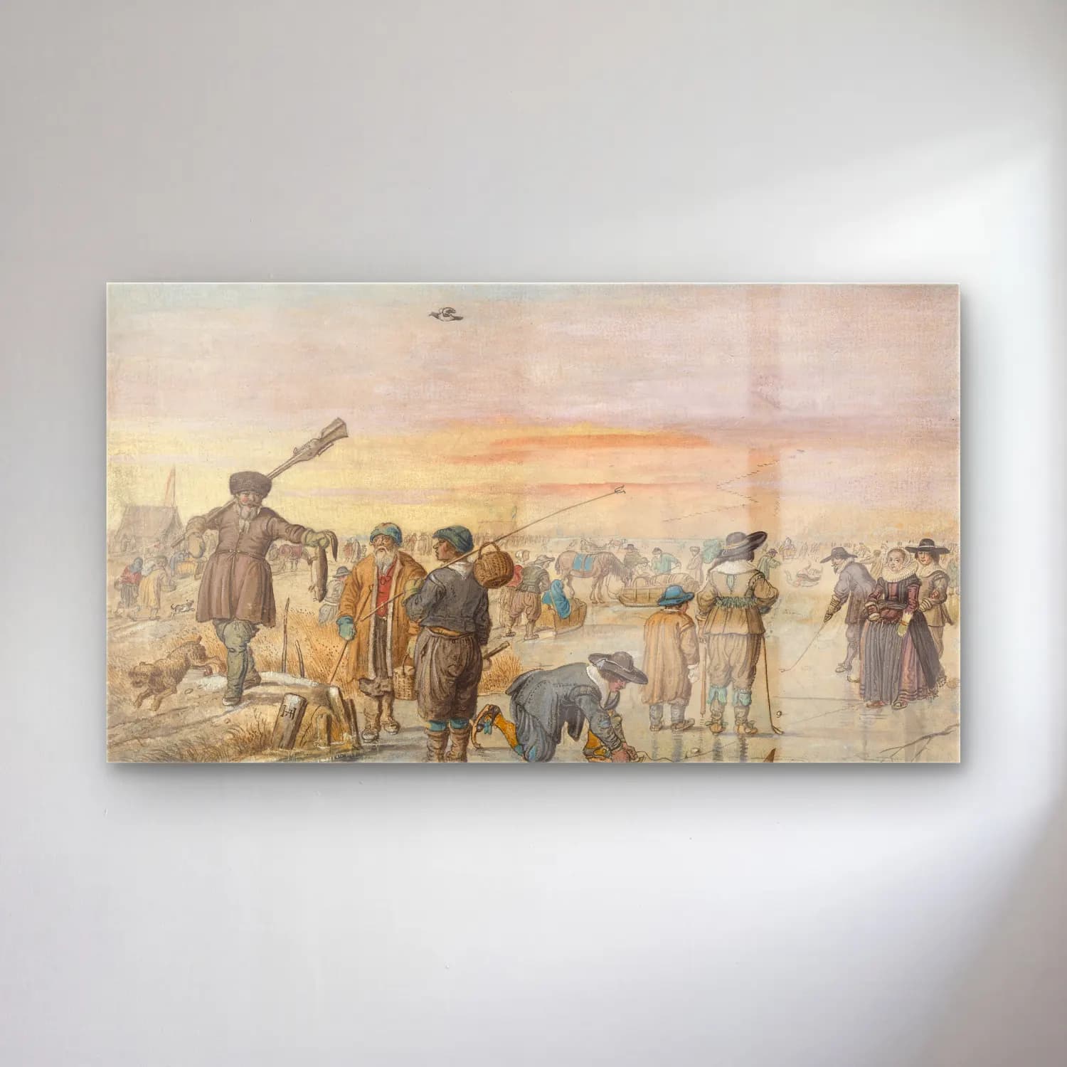 Hendrick Avercamp – Winter Scene on the Ice with a Hunter Showing an Otter cam tablo — Hendrick Avercamp – Winter Scene on the Ice with a Hunter Showing an Otter — vintage sahilde i̇nsanlar