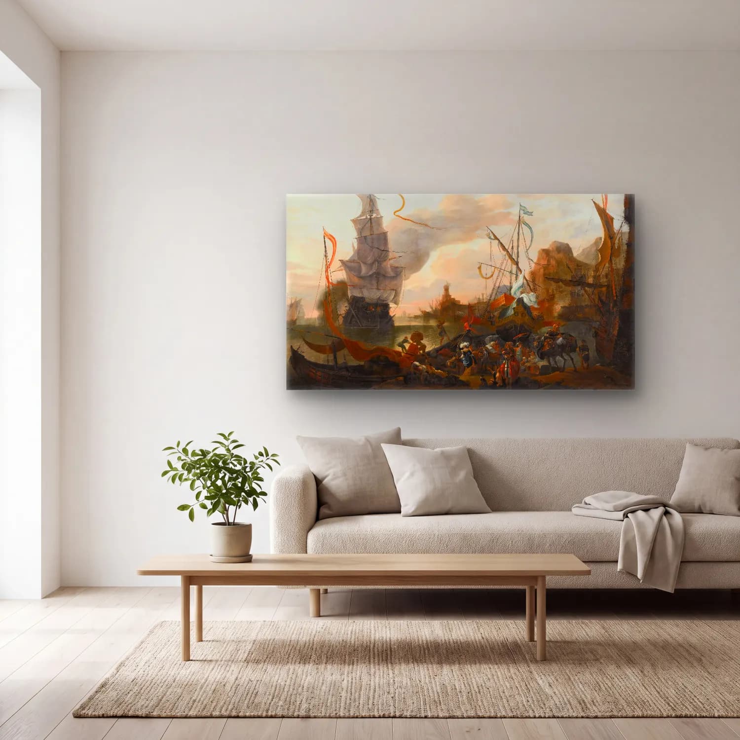 Hendrik van Minderhout – A Levantine Harbour With A Galley And A Man-Of-War Coming… cam tablo — açık renk salonda