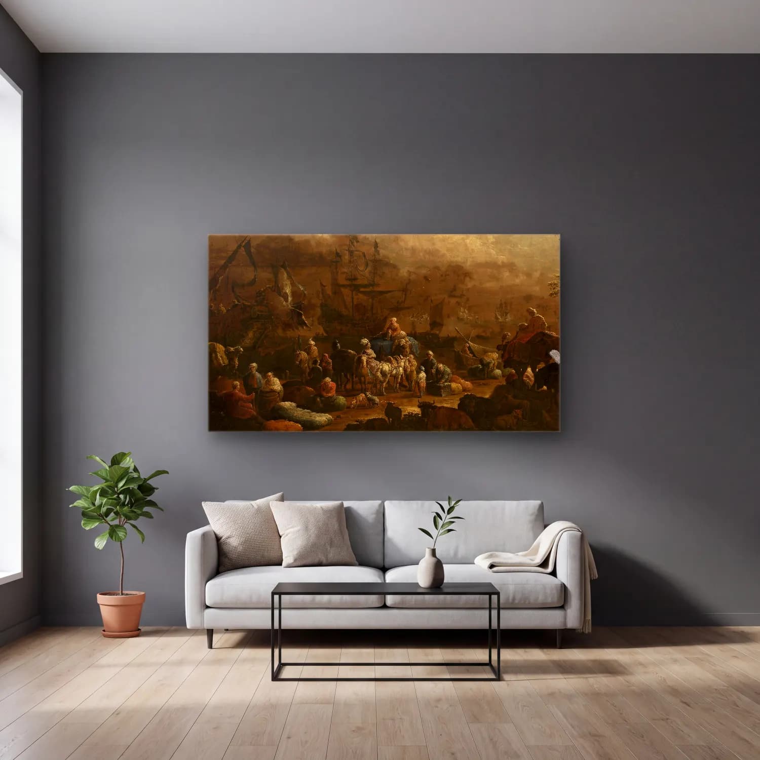 Hendrik van Minderhout – At an Eastern port cam tablo — gri duvarlı salonda