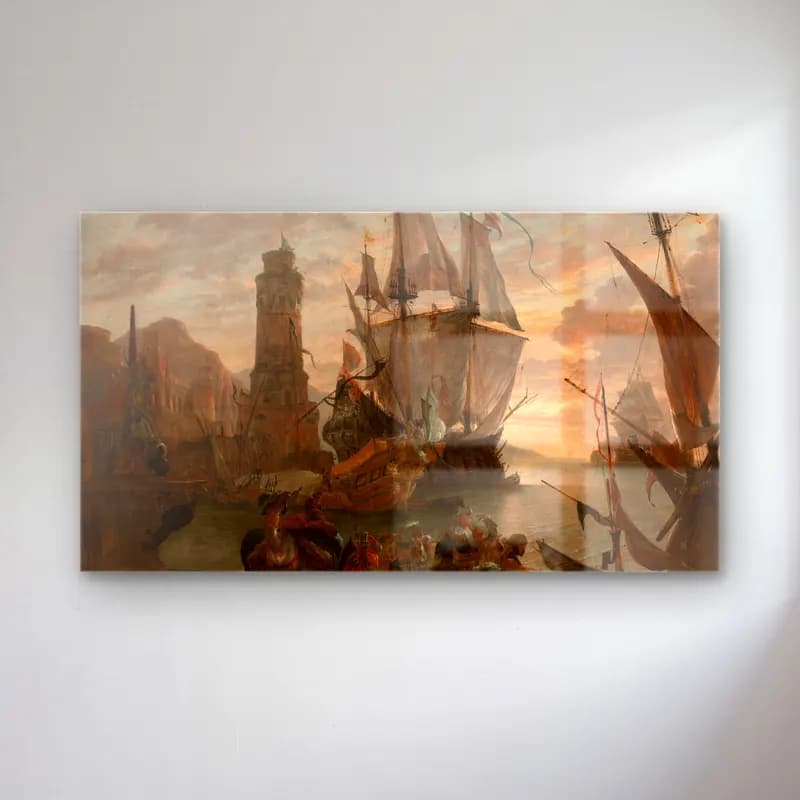 Hendrik van Minderhout – Eastern Seaport cam tablo — Hendrik van Minderhout – Eastern Seaport — yağlı boya liman ve tekneler