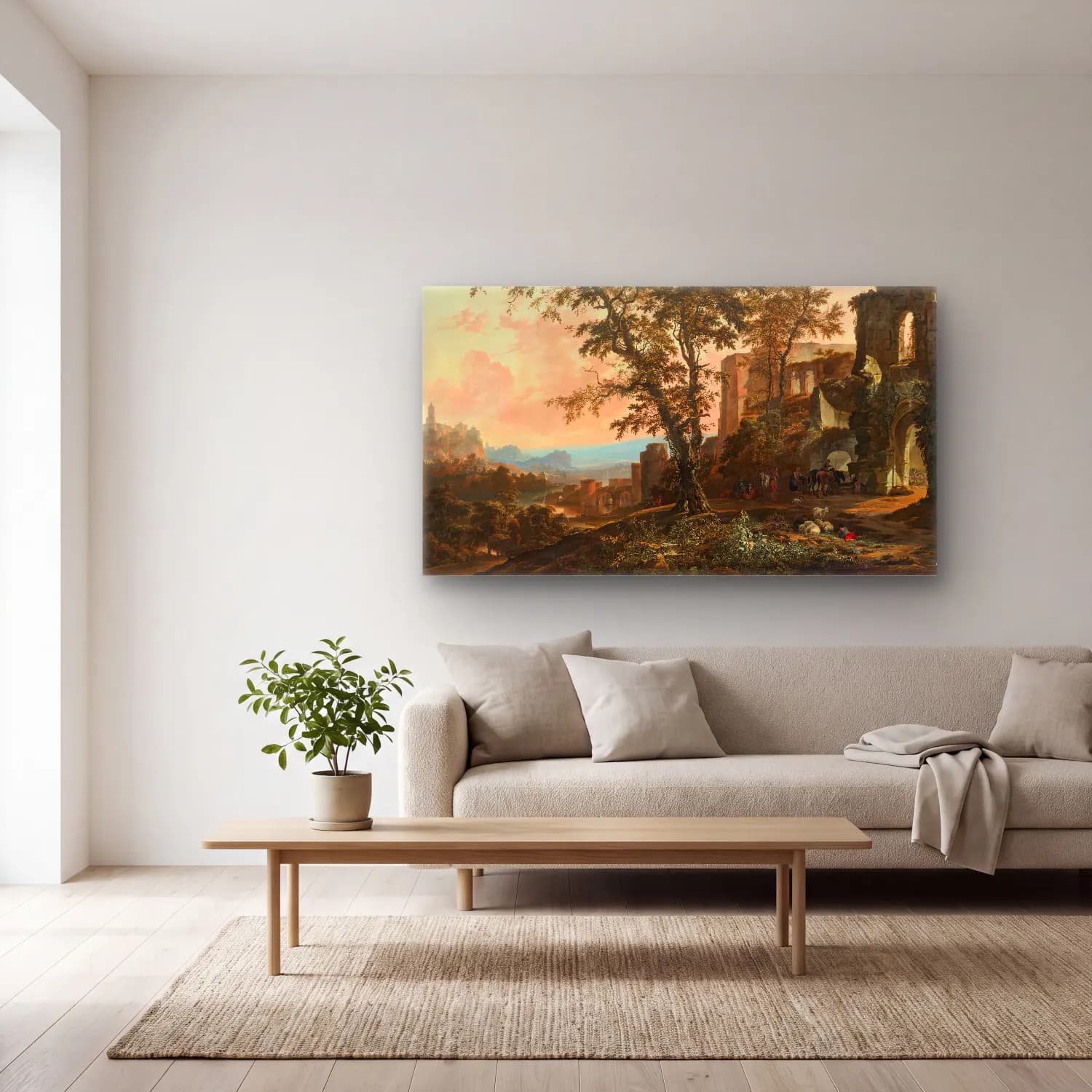Hendrik van Minderhout – Extensive Rhenish Landscape With Peasants And Animals… cam tablo — açık renk salonda