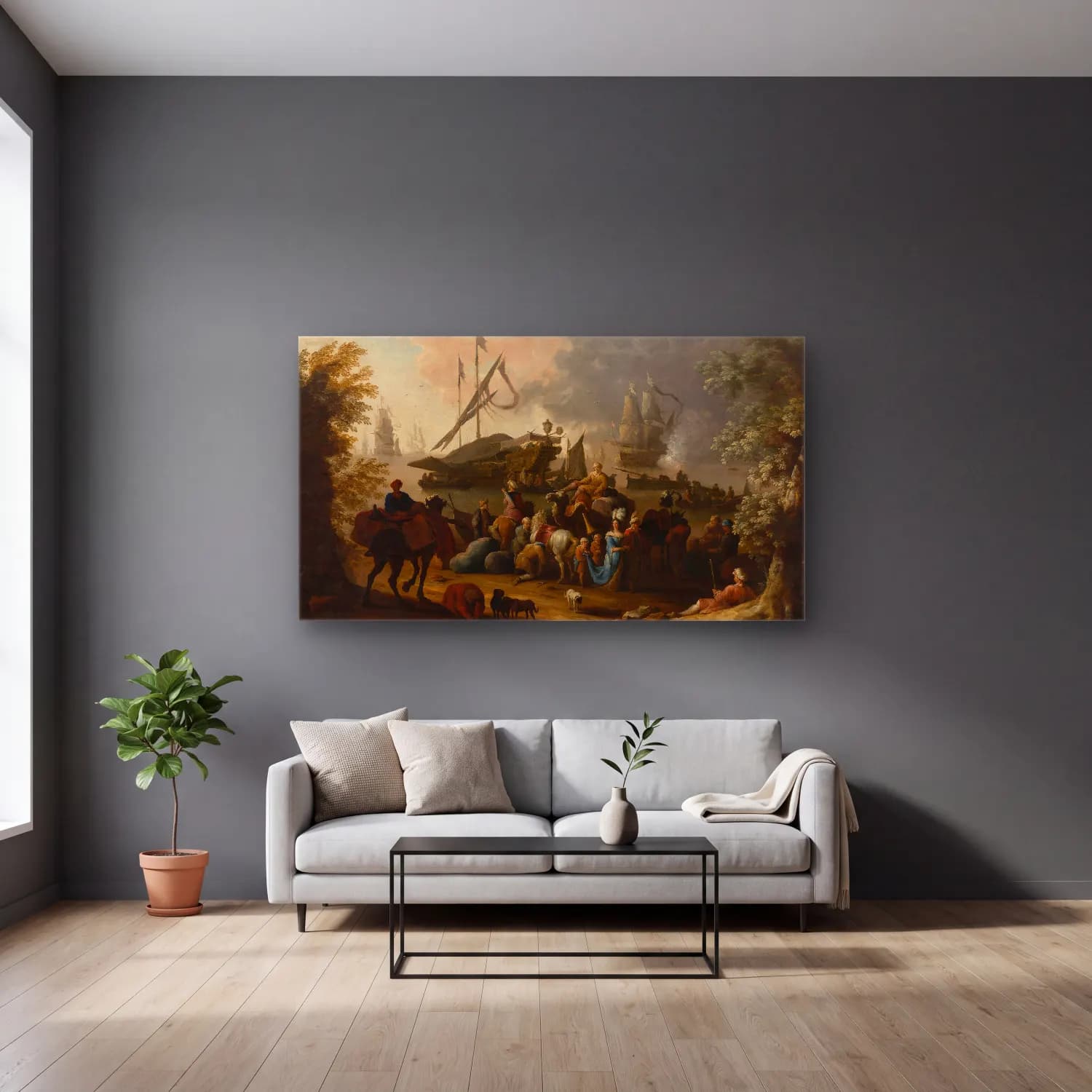Hendrik van Minderhout – Scene in an Eastern port cam tablo — gri duvarlı salonda