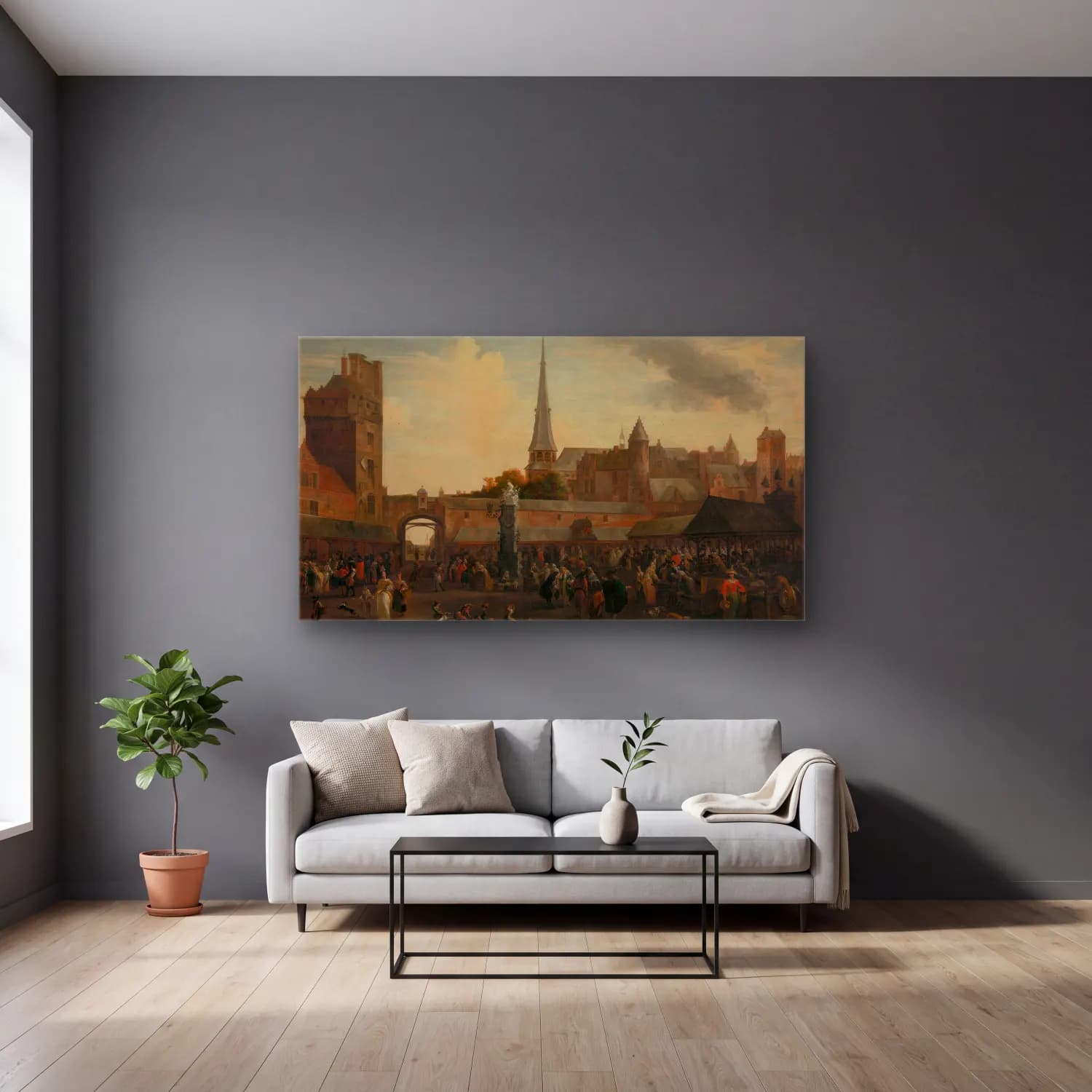 Hendrik van Minderhout – The Fish Market of Antwerp cam tablo — gri duvarlı salonda