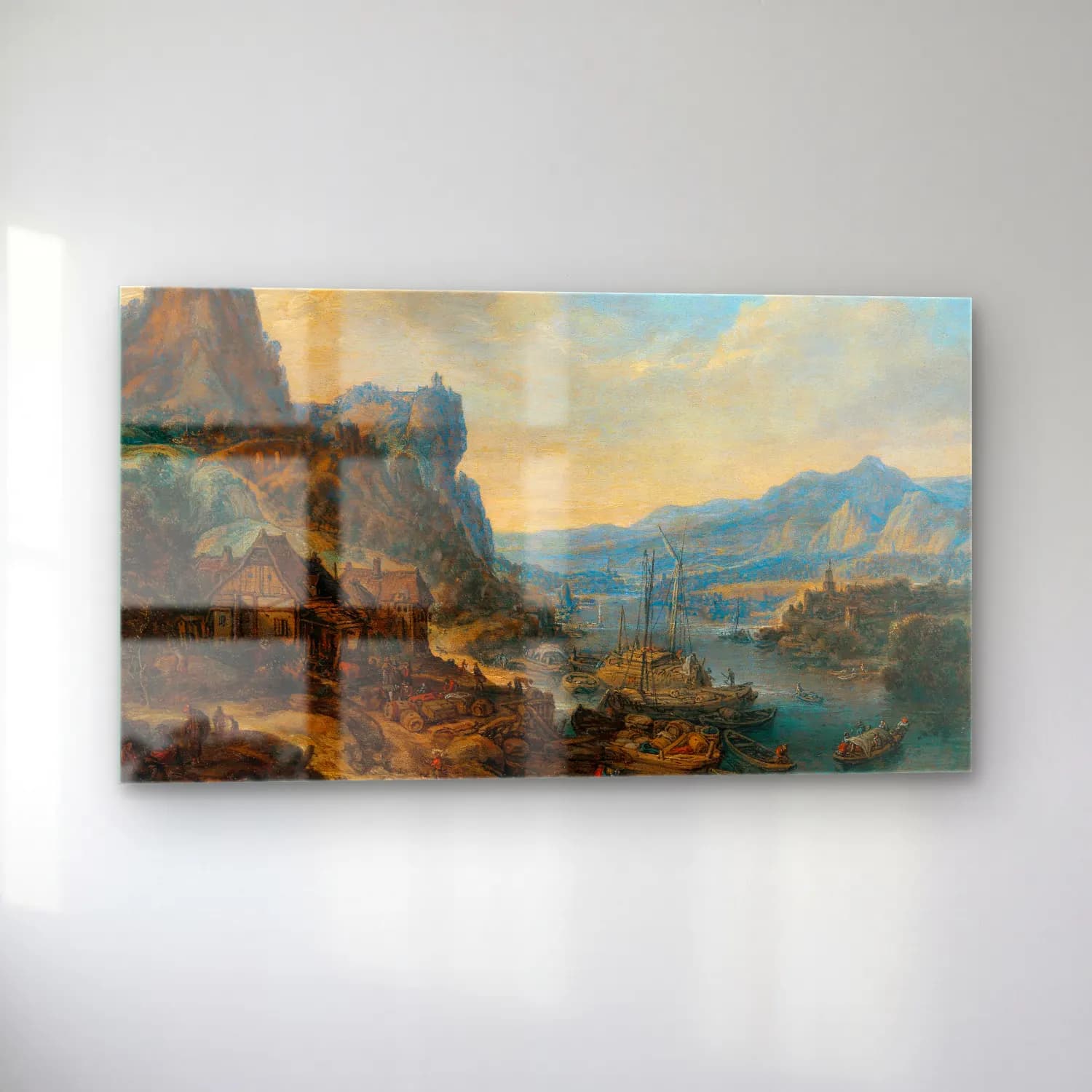 Herman Saftleven – A Rhenish river landscape with trading vessels cam tablo — sol açıdan görünüm
