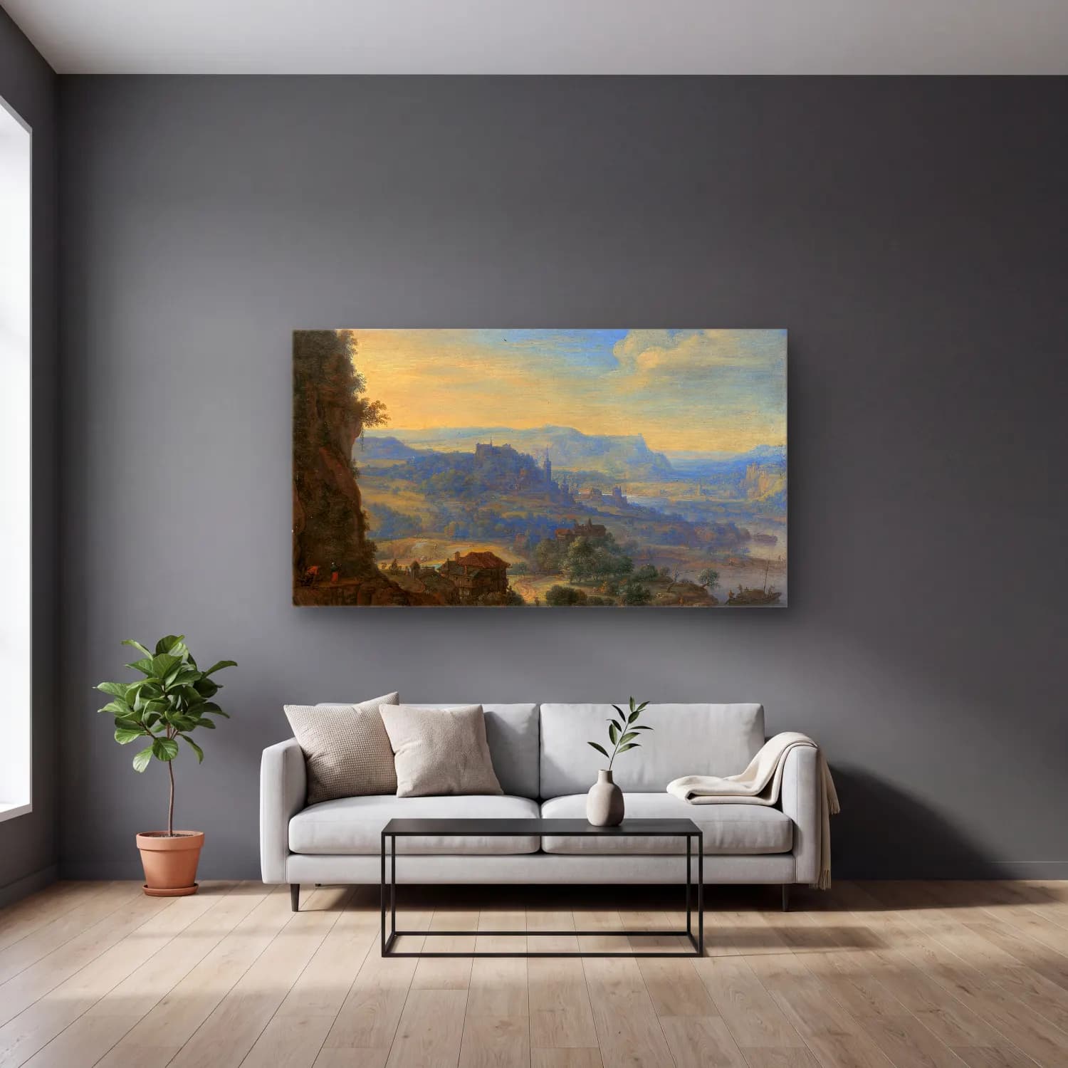 Herman Saftleven – Imaginary River Landscape cam tablo — gri duvarlı salonda