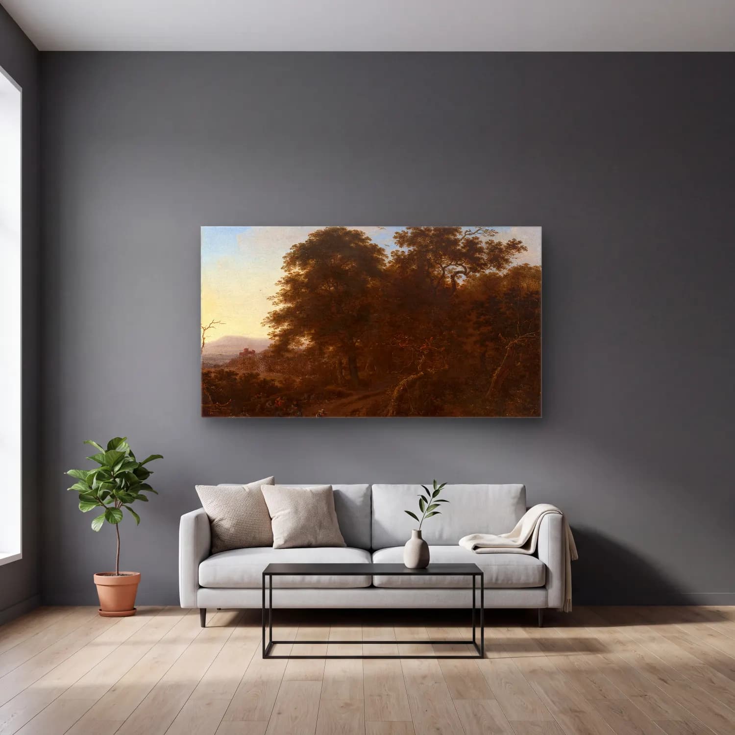 Herman Saftleven – Landscape with travellers cam tablo — gri duvarlı salonda