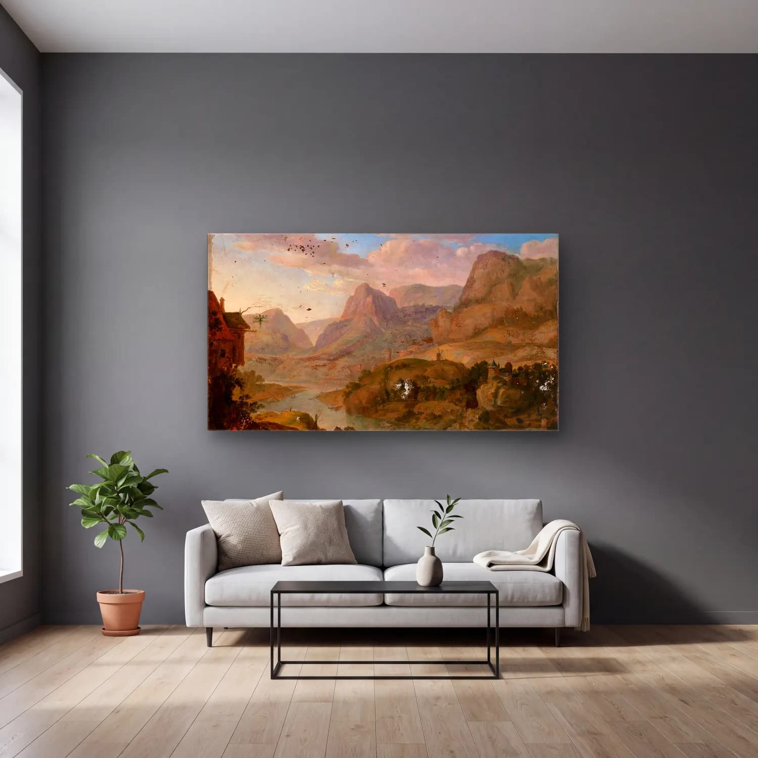 Herman Saftleven – Landscape cam tablo — gri duvarlı salonda