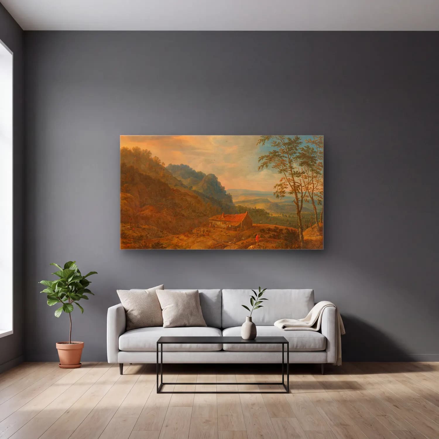 Herman Saftleven – Mountainous Landscape with Farm cam tablo — gri duvarlı salonda