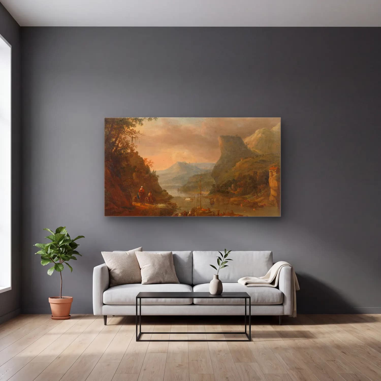 Herman Saftleven – River view in a mountainous region cam tablo — gri duvarlı salonda