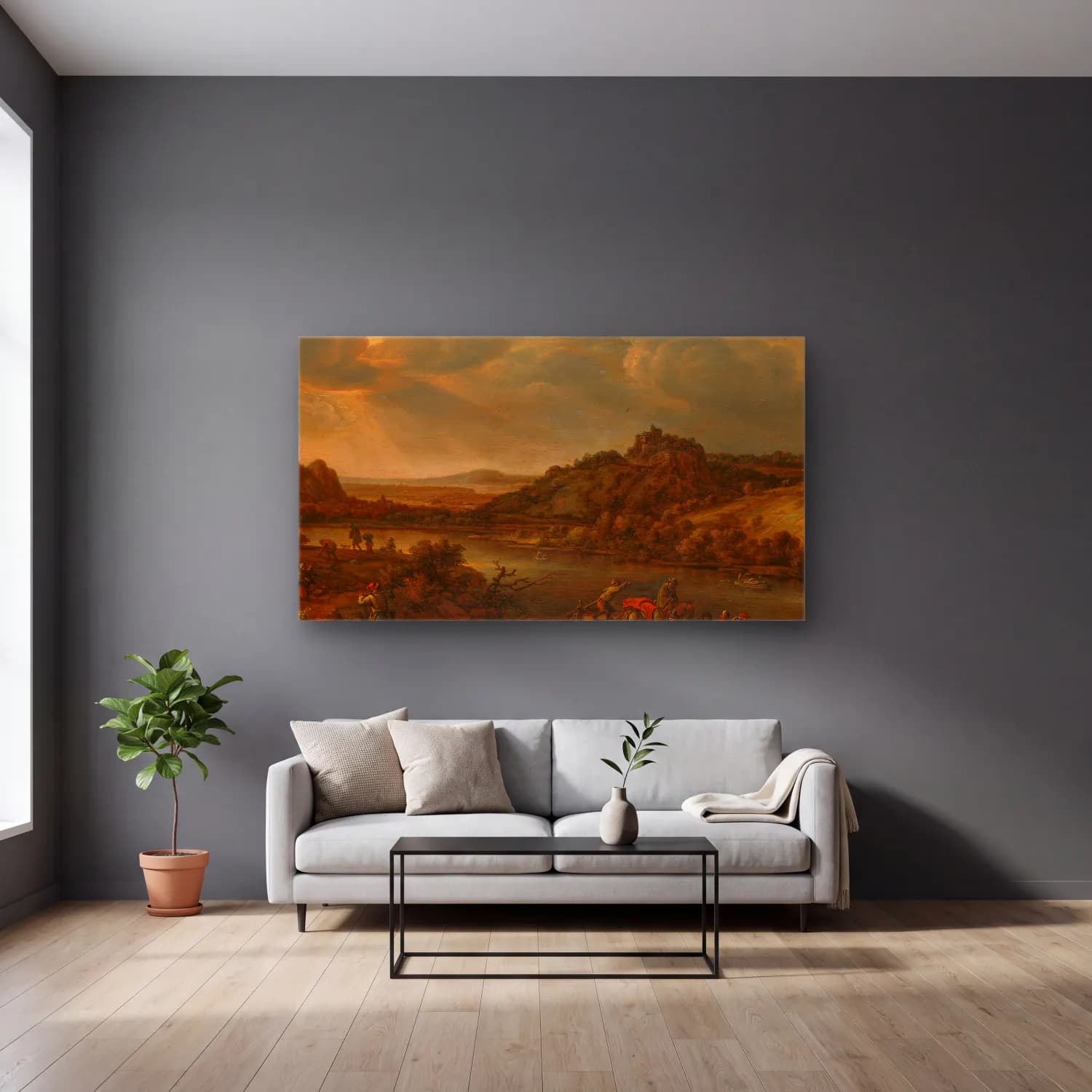 Herman Saftleven – River view with ferry cam tablo — gri duvarlı salonda