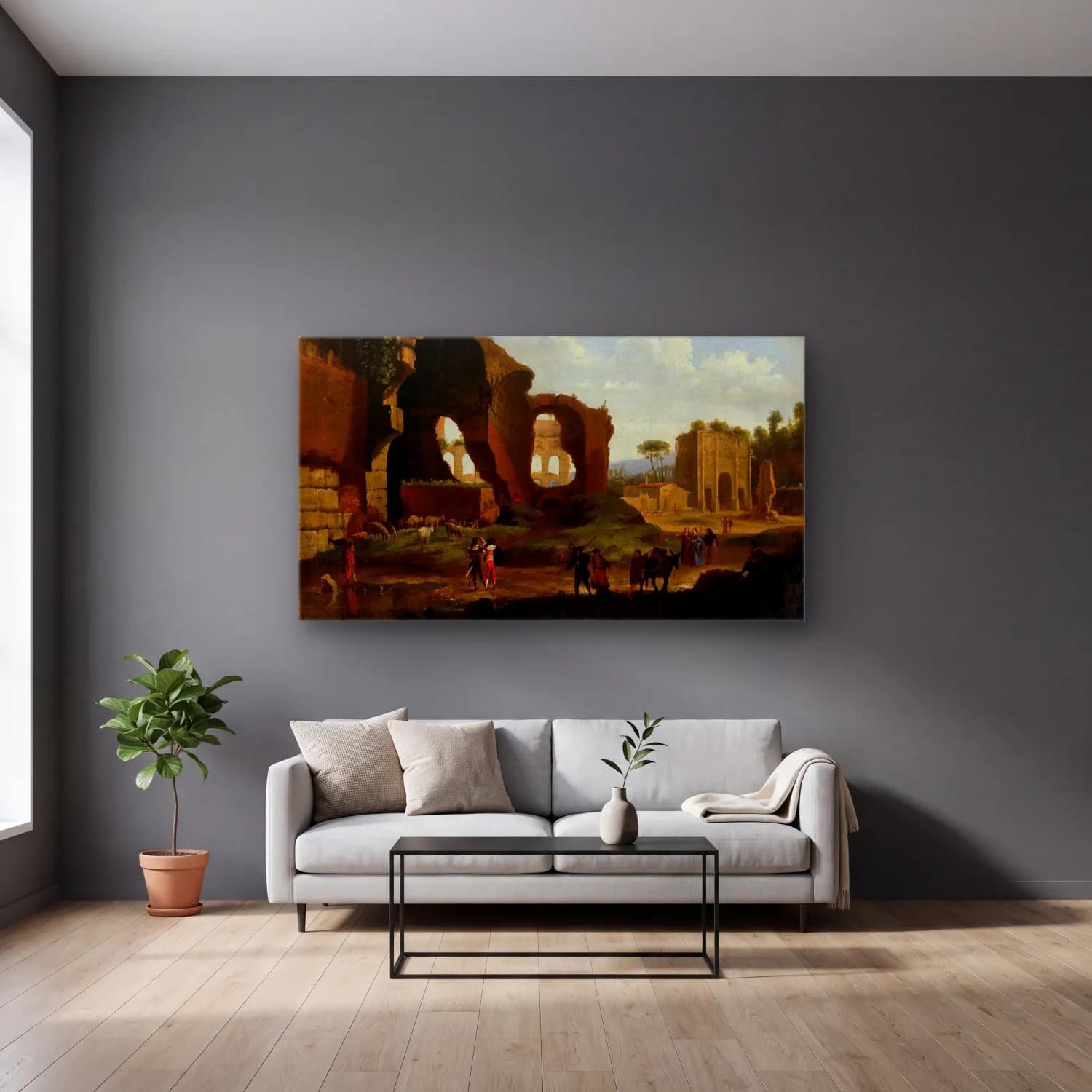 Herman van Swanevelt – A Roman View of the Ruins of the Temple of Venus and Rome… cam tablo — gri duvarlı salonda