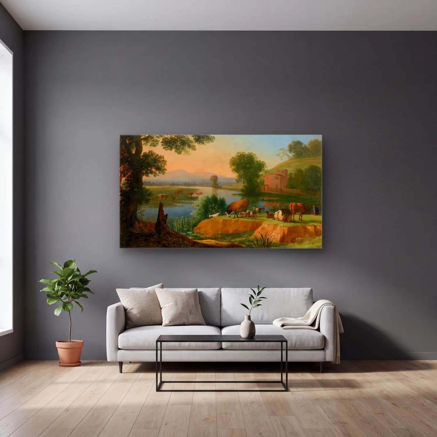 Herman van Swanevelt – A river landscape with goats and cattle, a farmhouse beyond cam tablo — gri duvarlı salonda