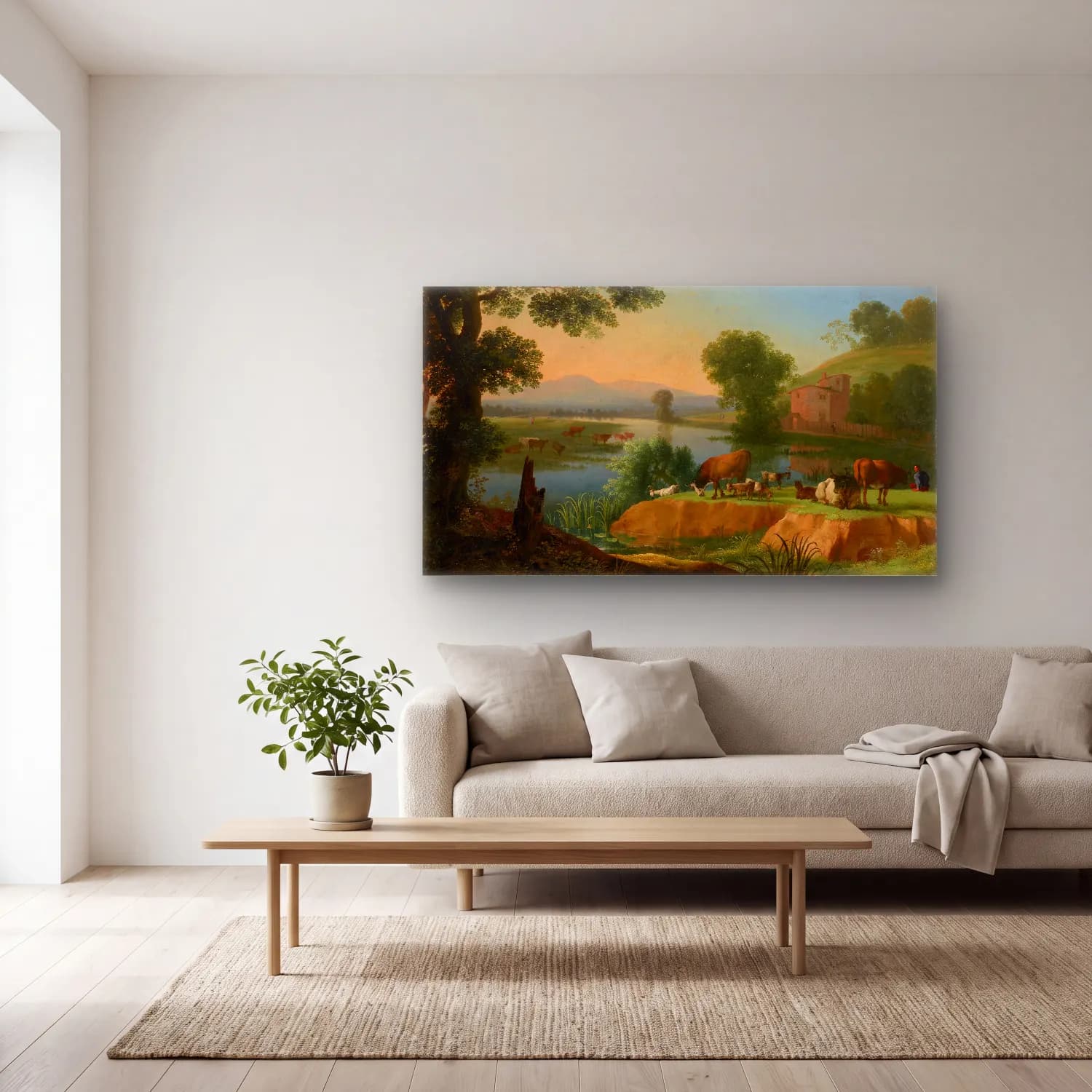 Herman van Swanevelt – A river landscape with goats and cattle, a farmhouse beyond cam tablo — açık renk salonda
