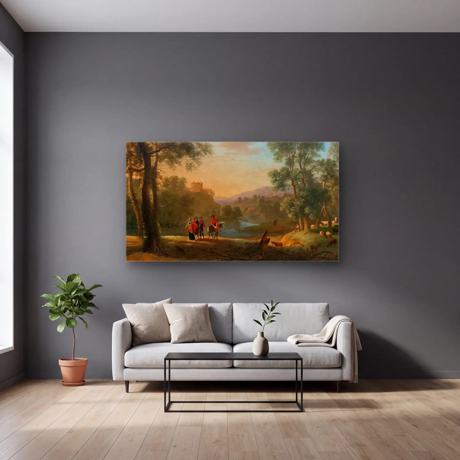 Herman van Swanevelt – Classical Landscape cam tablo — gri duvarlı salonda
