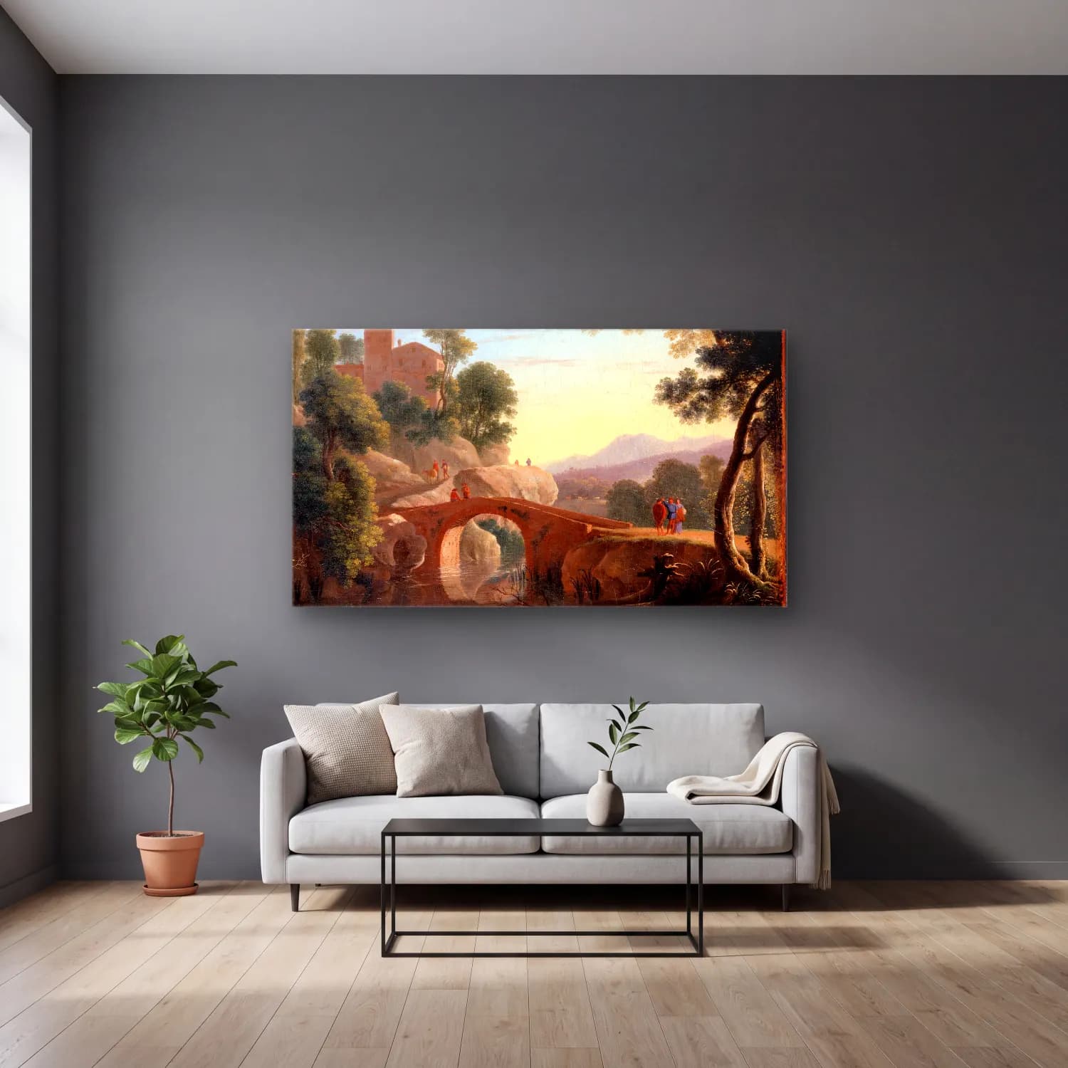 Herman van Swanevelt – Italian Landscape with Bridge cam tablo — gri duvarlı salonda