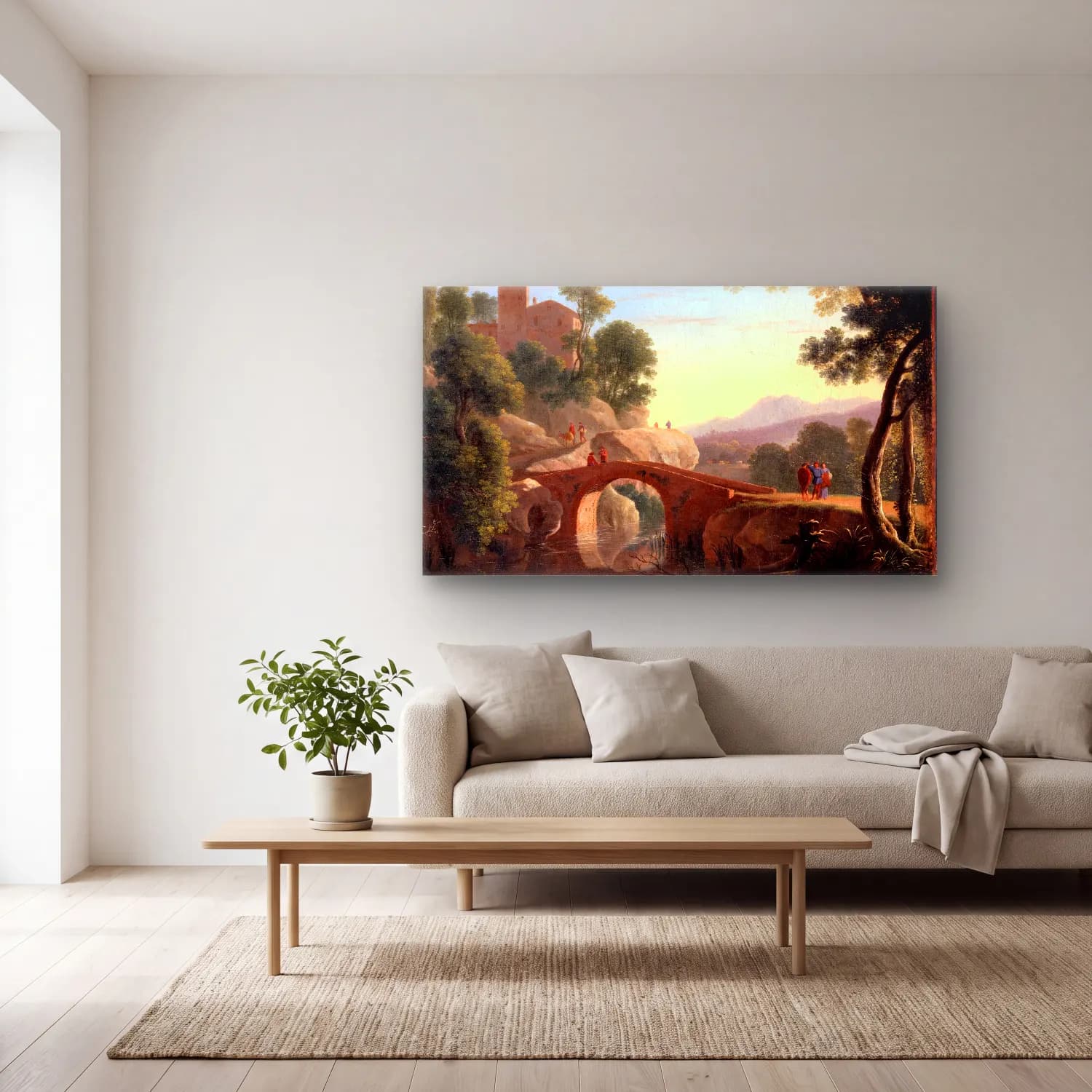 Herman van Swanevelt – Italian Landscape with Bridge cam tablo — açık renk salonda