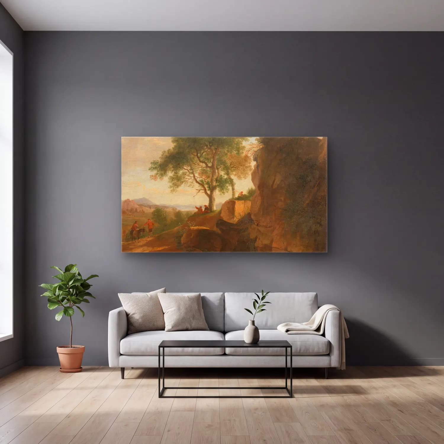 Herman van Swanevelt – Italian landscape cam tablo — gri duvarlı salonda