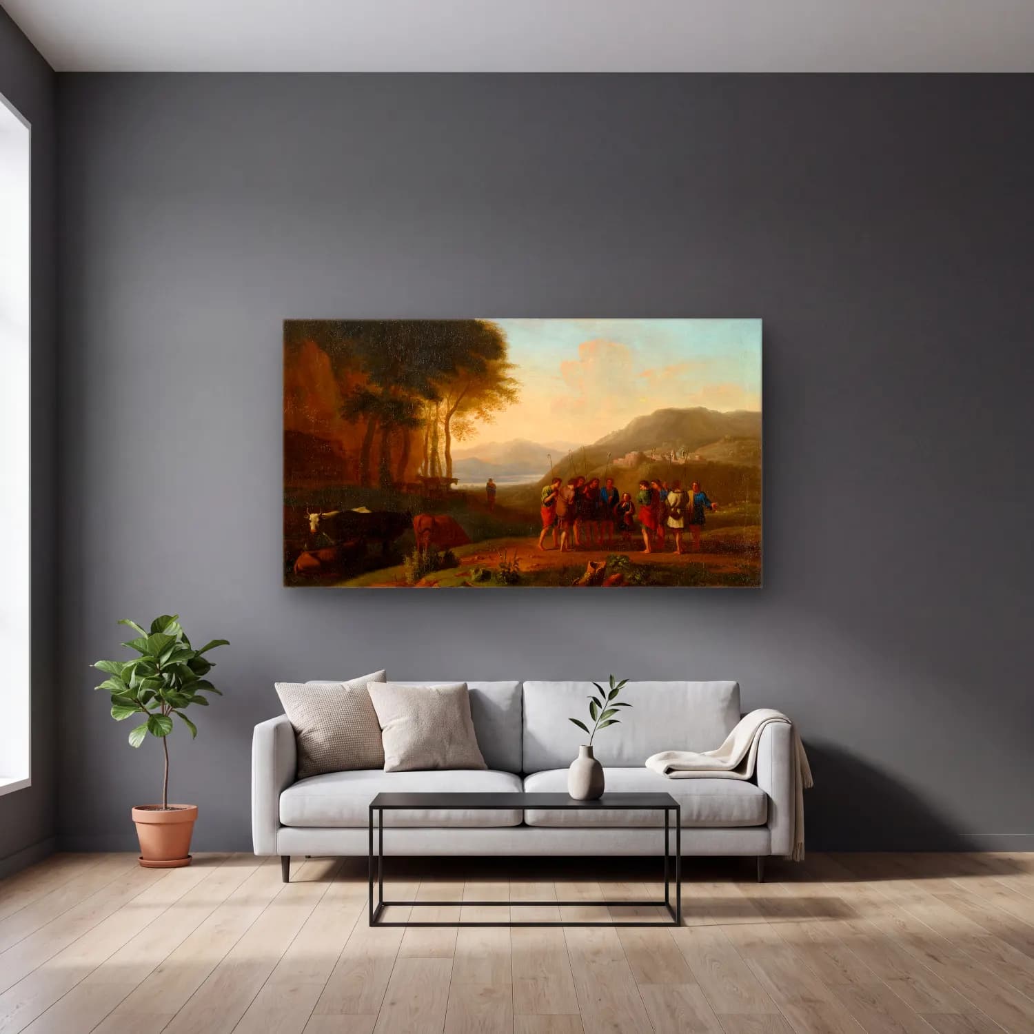 Herman van Swanevelt – Joseph Recounting his Dream to his Brothers cam tablo — gri duvarlı salonda
