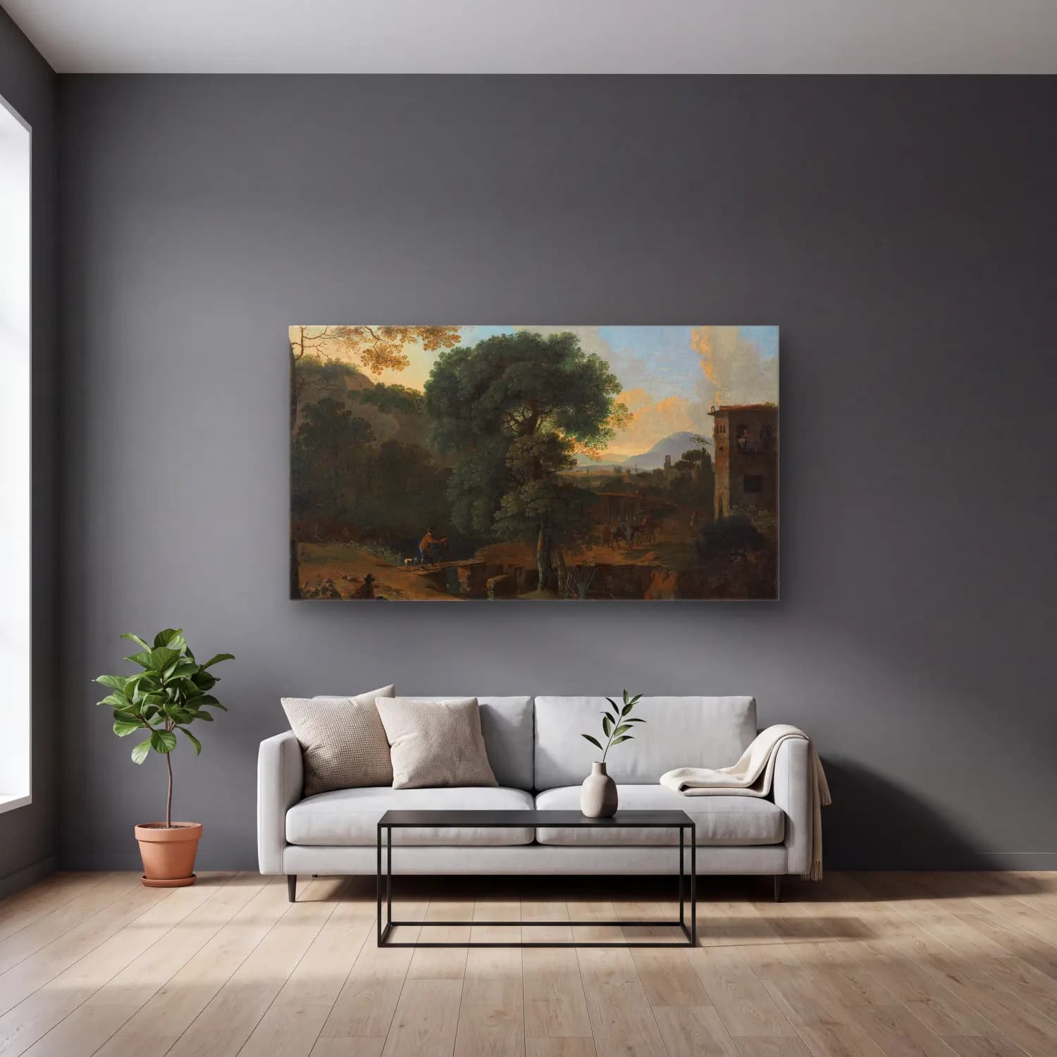 Herman van Swanevelt – Landscape with Travelers cam tablo — gri duvarlı salonda