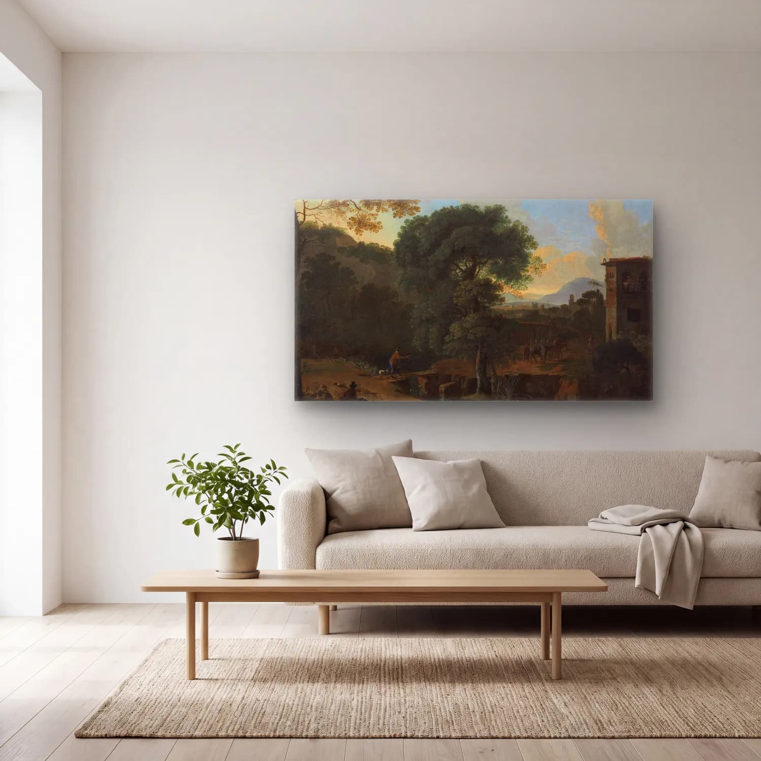 Herman van Swanevelt – Landscape with Travelers cam tablo — açık renk salonda