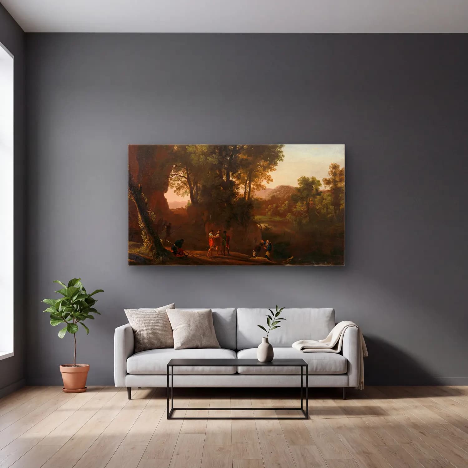 Herman van Swanevelt – Landscape with the baptism of the eunuch cam tablo — gri duvarlı salonda