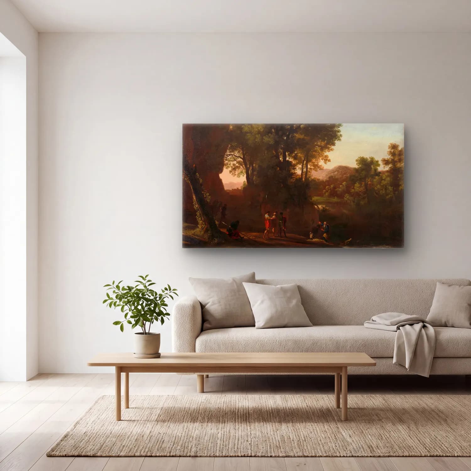 Herman van Swanevelt – Landscape with the baptism of the eunuch cam tablo — açık renk salonda